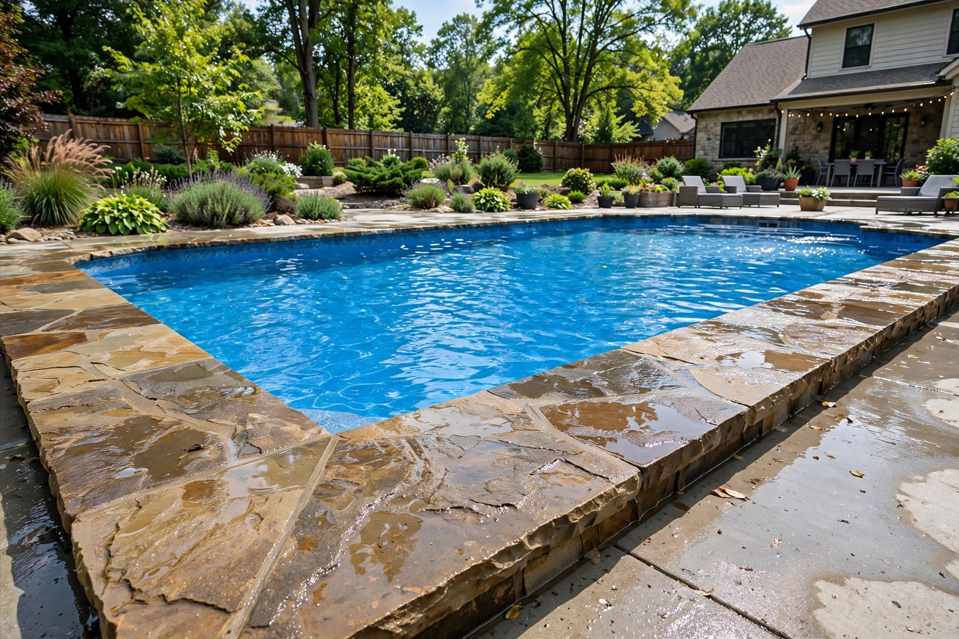 how to clean pool coping tiles: Pool coping tiles being cleaned around a clear blue swimming pool