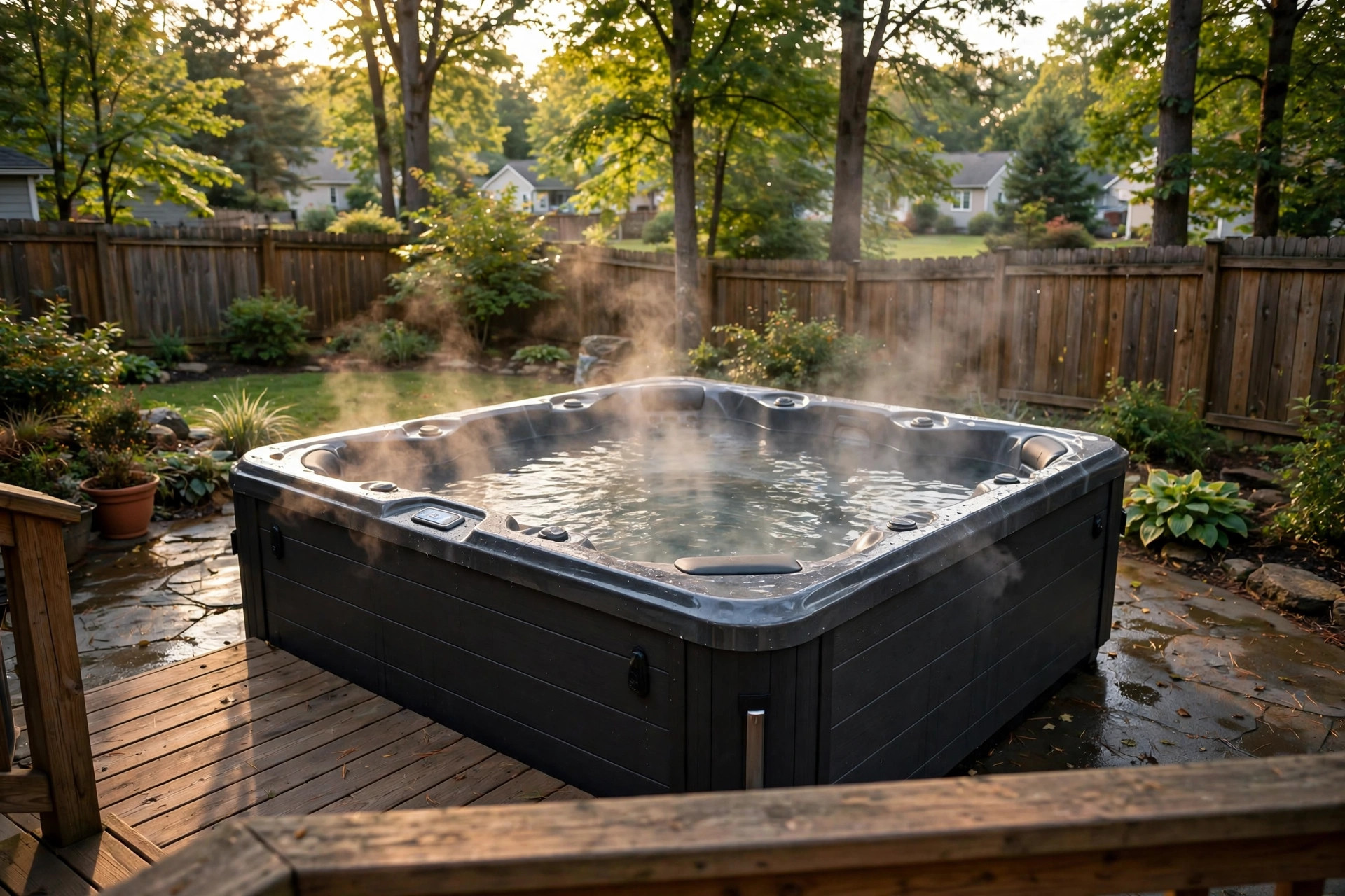 best hot tub for muscle recovery: Hot tub steaming in a backyard for muscle recovery