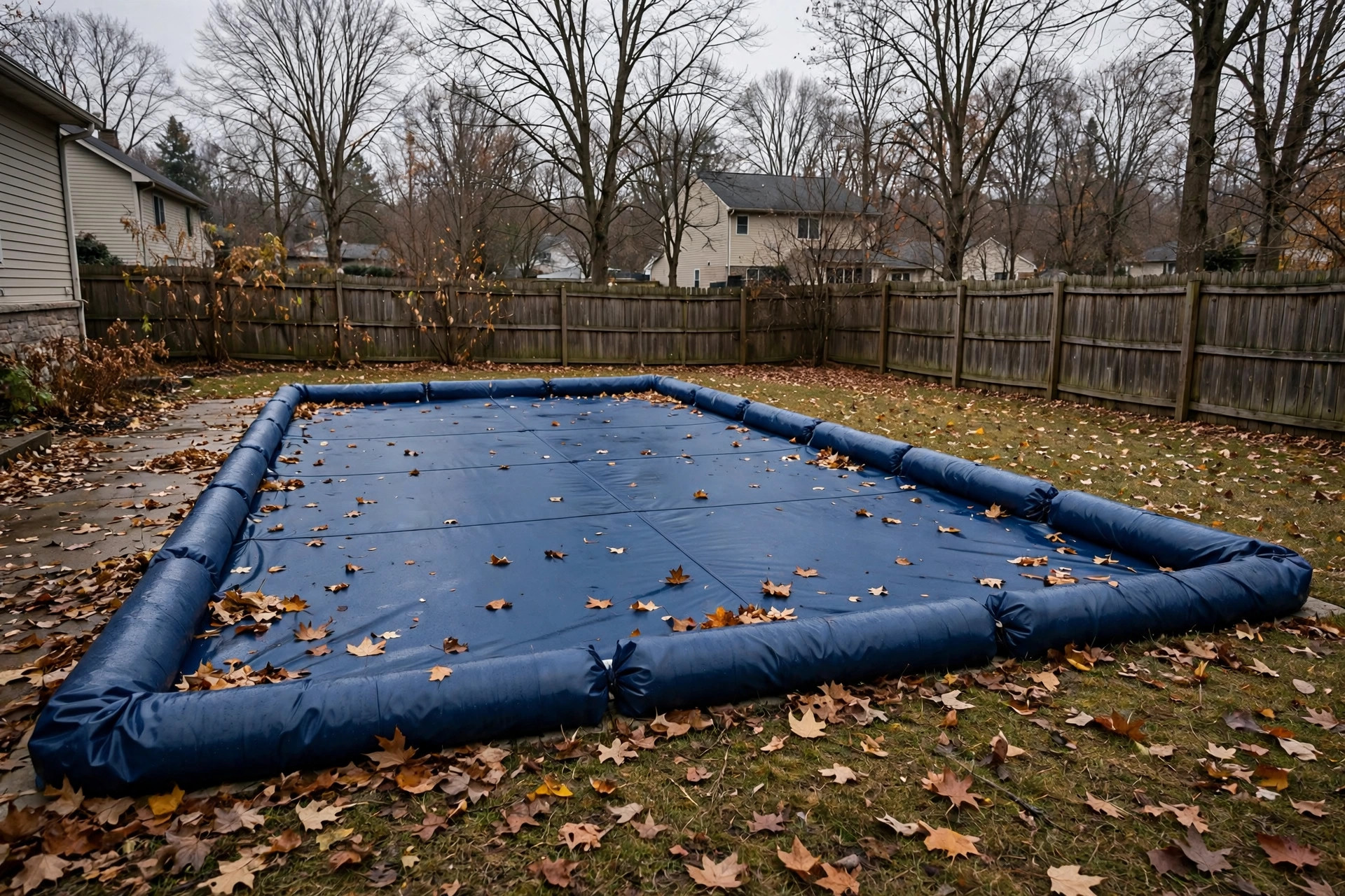 Pool with winter cover installed, following the pool closing checklist for fall season
