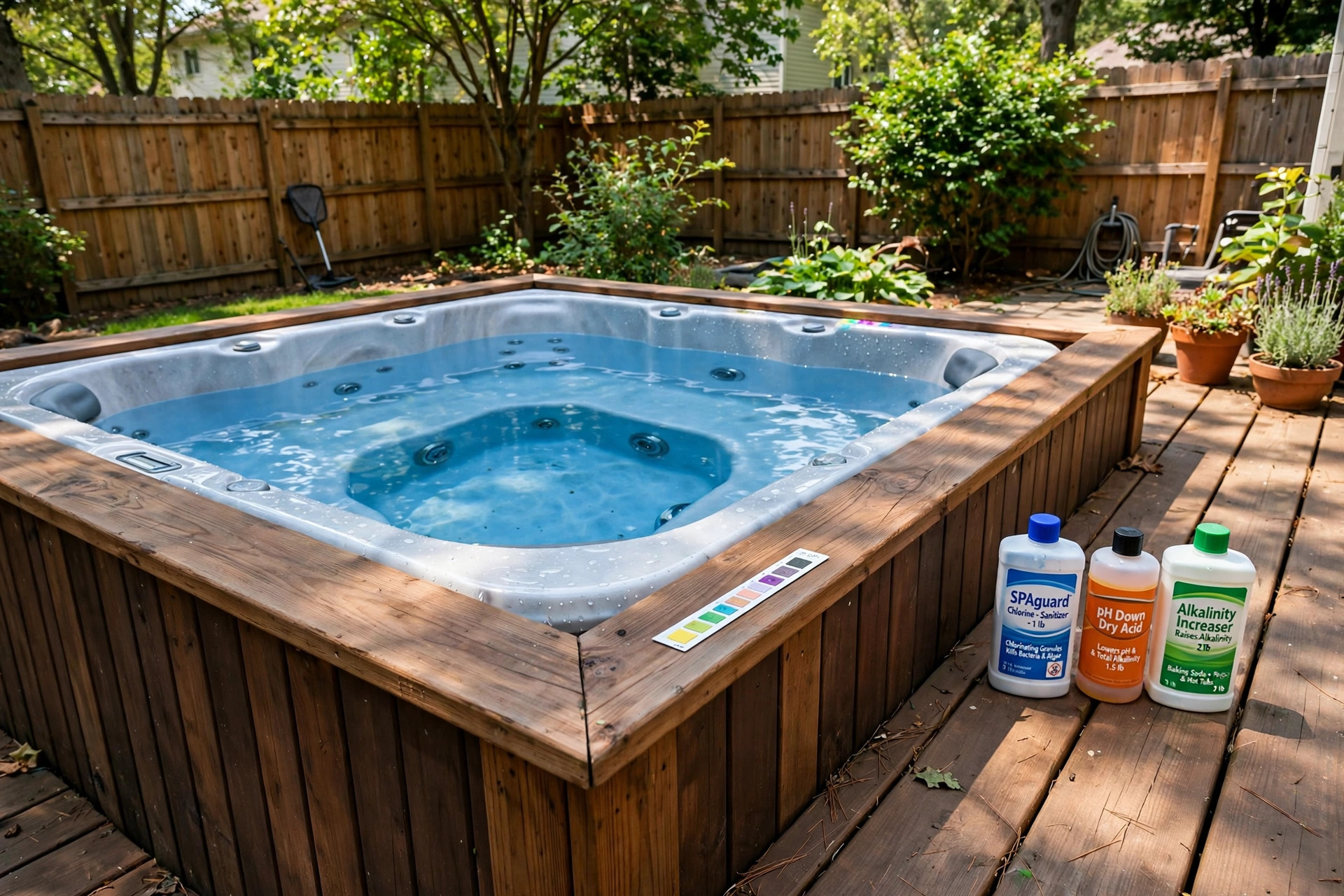 how to balance hot tub ph levels: Balanced clear blue hot tub water in a backyard spa with a test strip resting on the edge