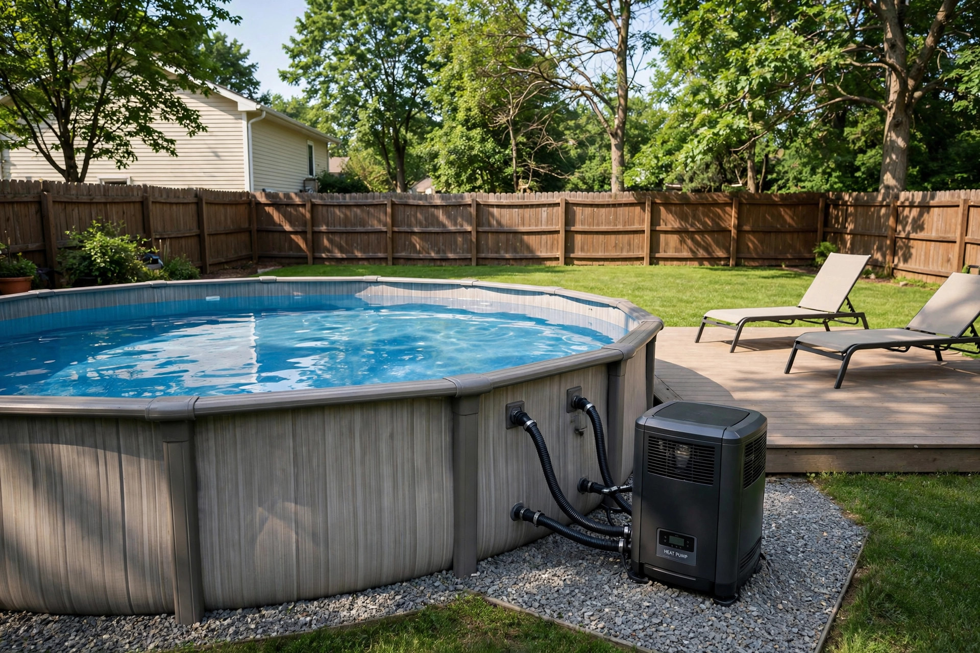 best pool heater for above ground: Warm blue water in an above ground pool with a compact pool heater unit beside it