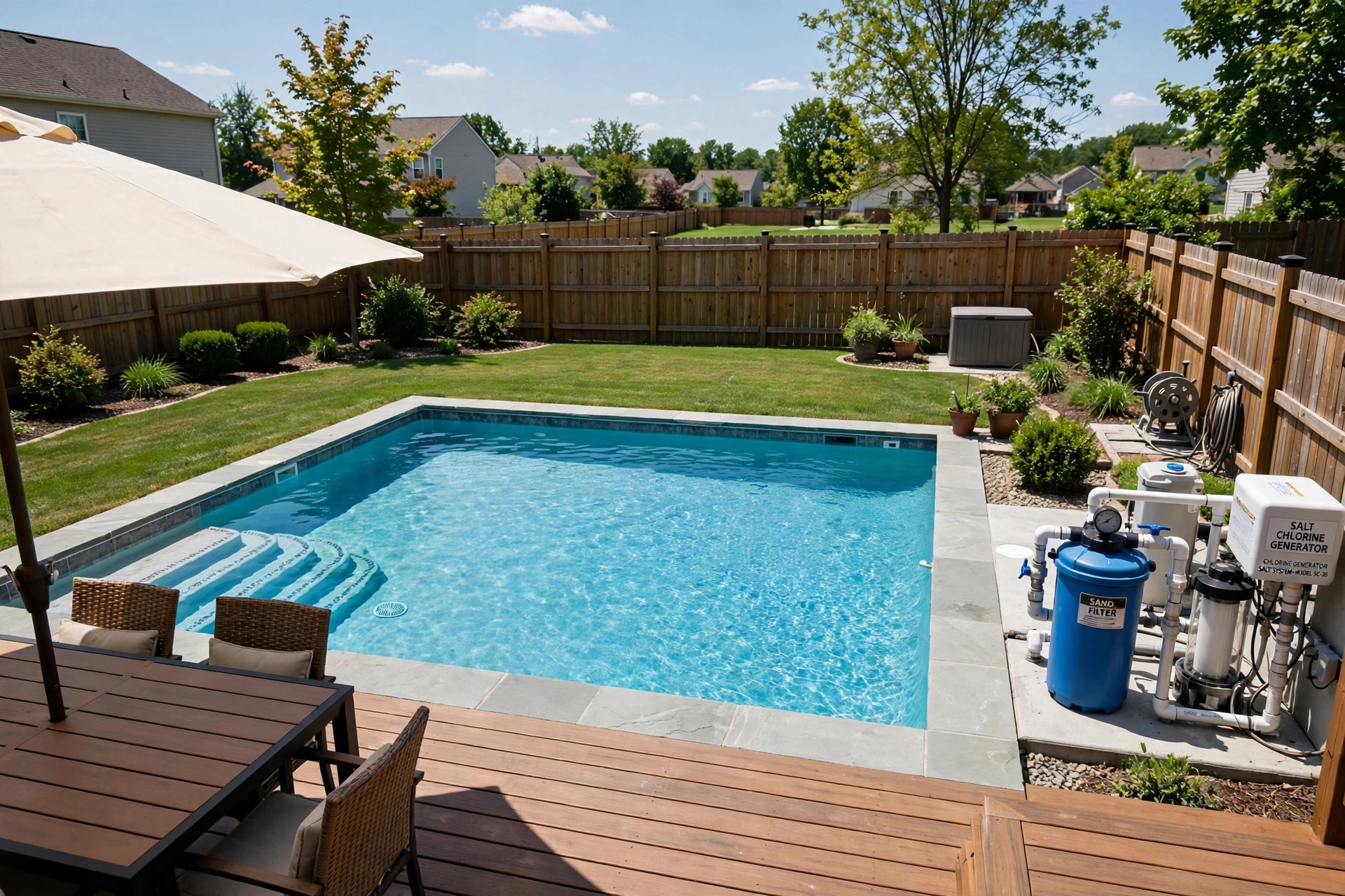 salt water pool cost per month: Clear blue salt water pool in an American backyard