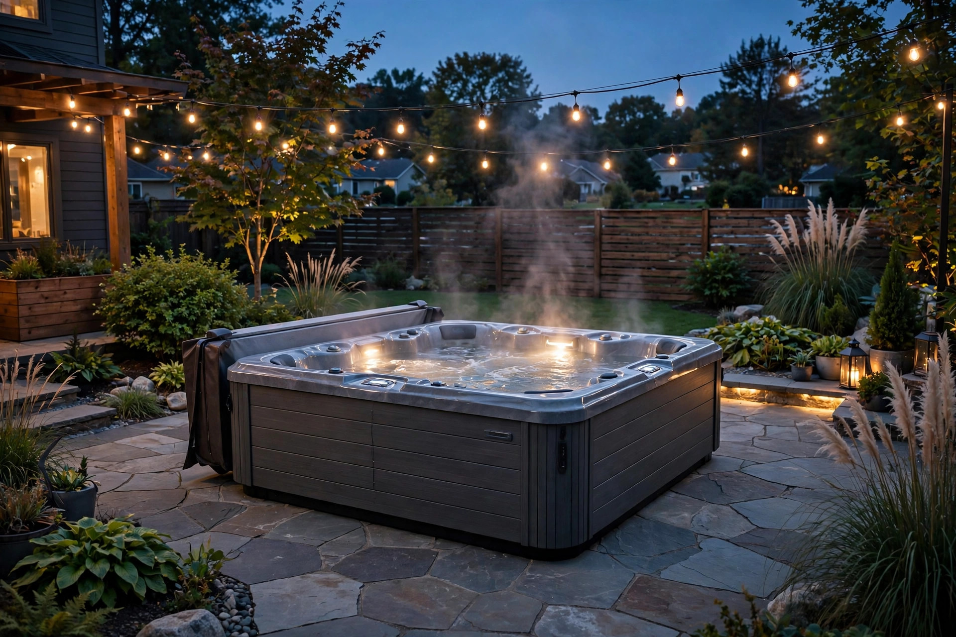 Best hot tub for backyard parties in a landscaped backyard at dusk