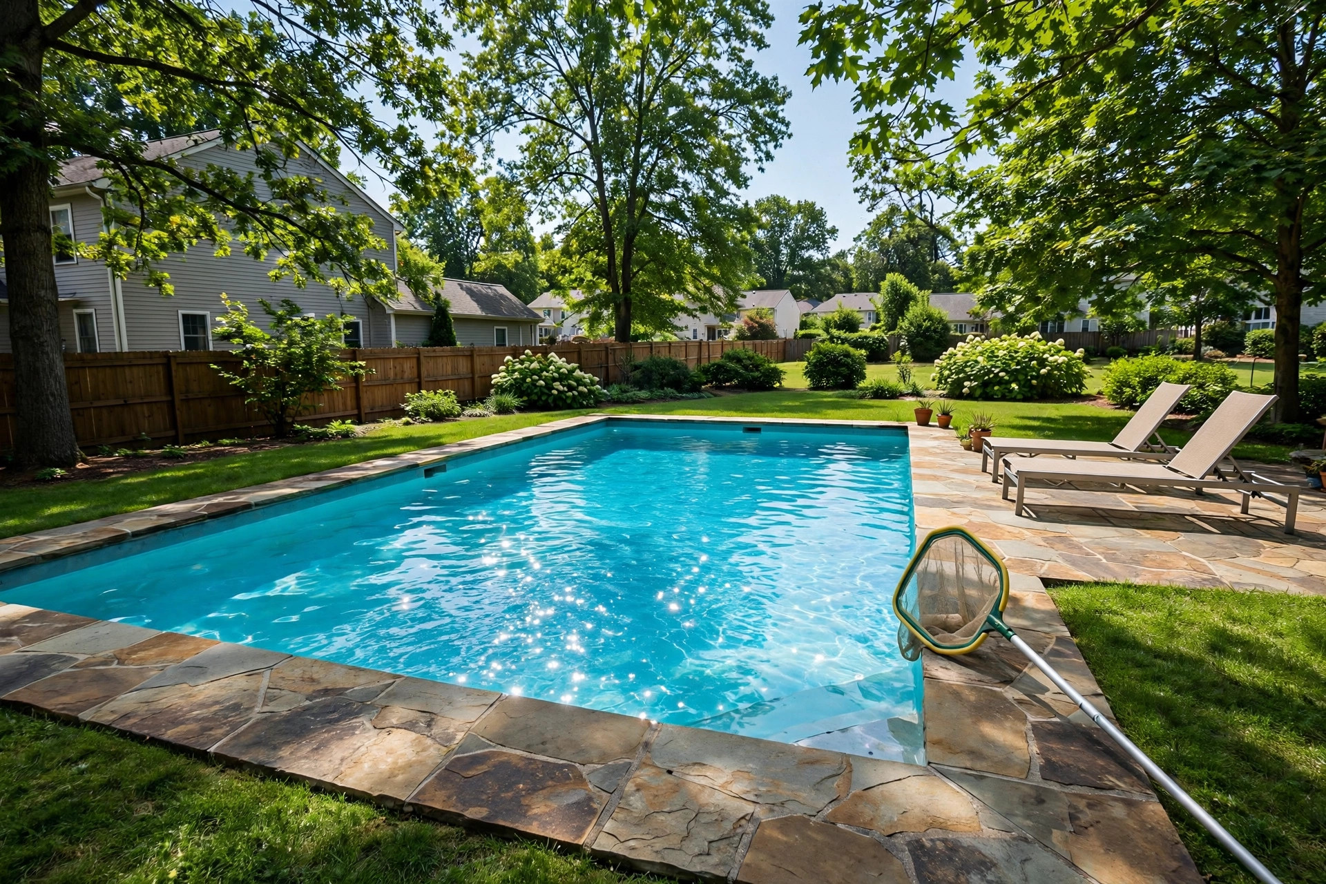 Inground pool maintenance schedule weekly: a clean inground swimming pool in an American backyard