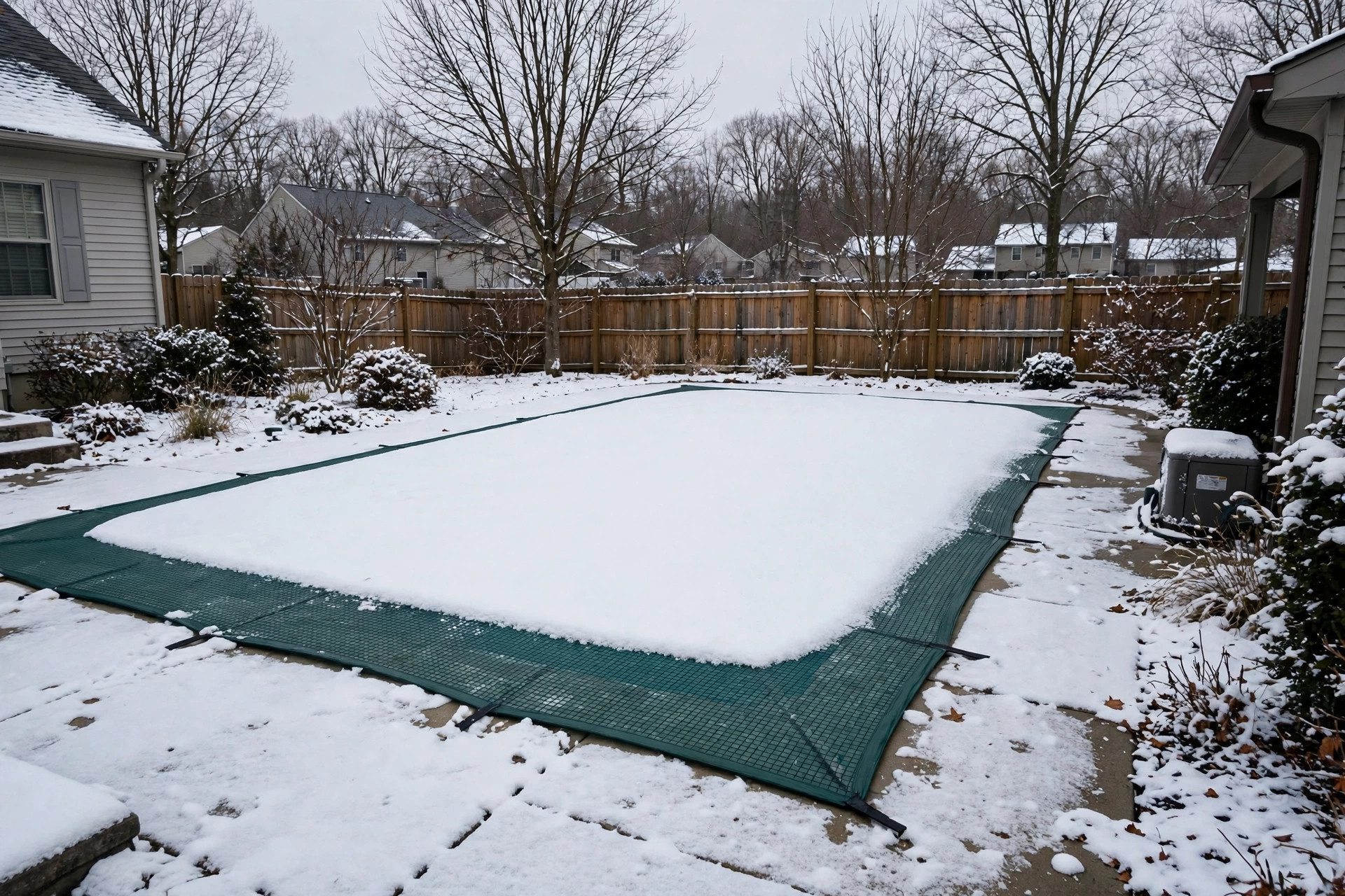 A snow-covered inground pool protected by the best pool cover for winter snow