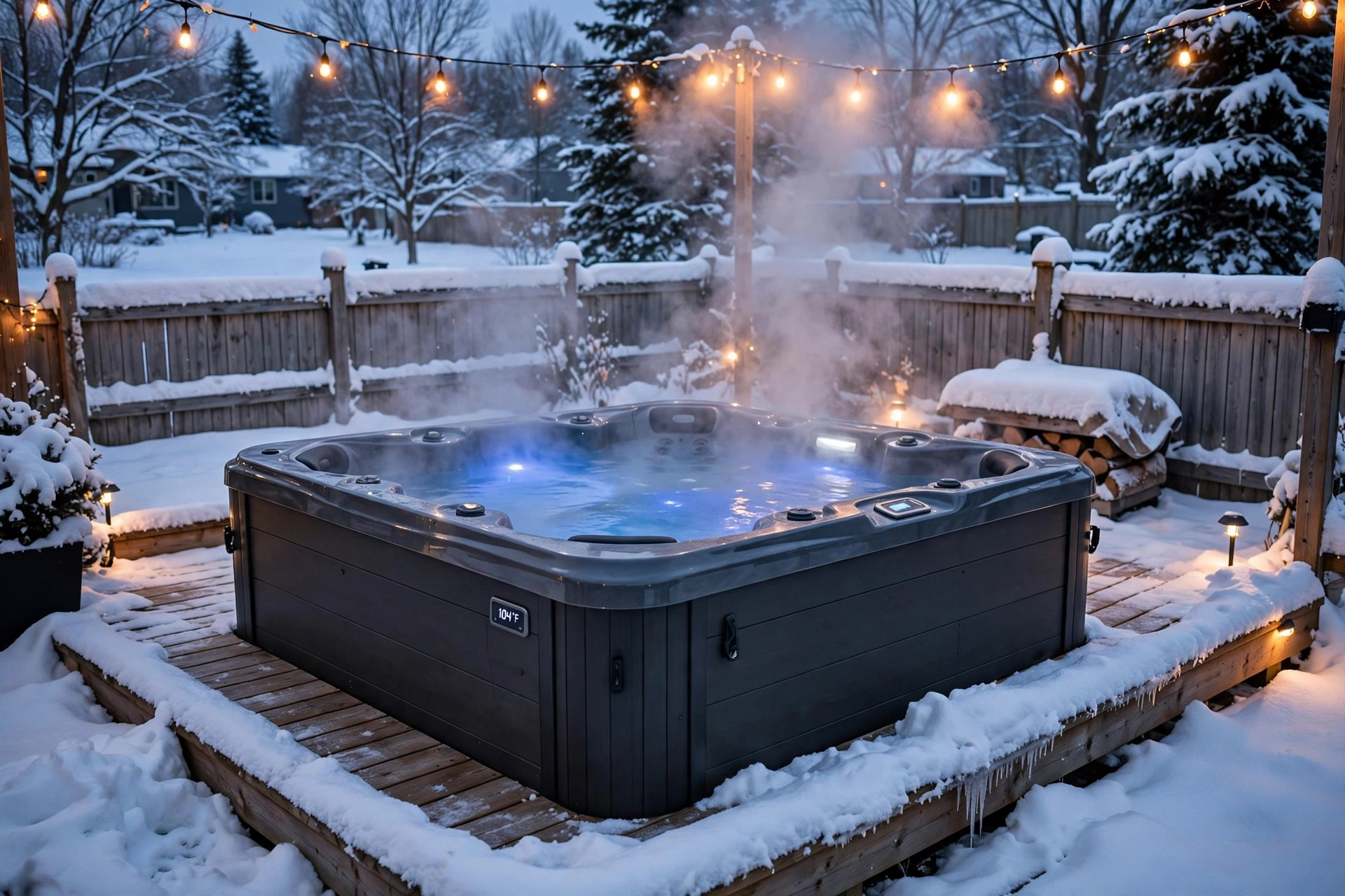 A steaming hot tub on a snowy backyard deck at dusk, the best hot tub for cold weather use