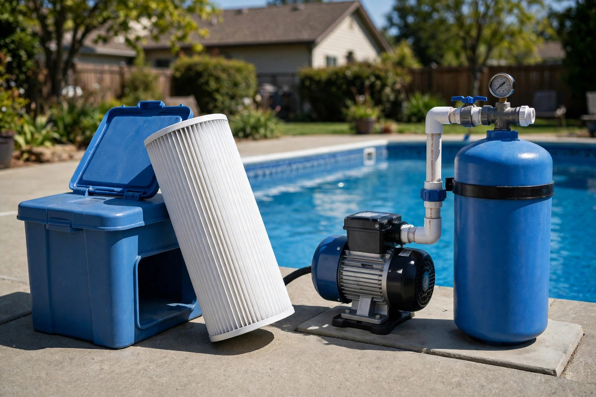 Salt water pool filter cleaning guide showing a clean cartridge filter beside a backyard pool