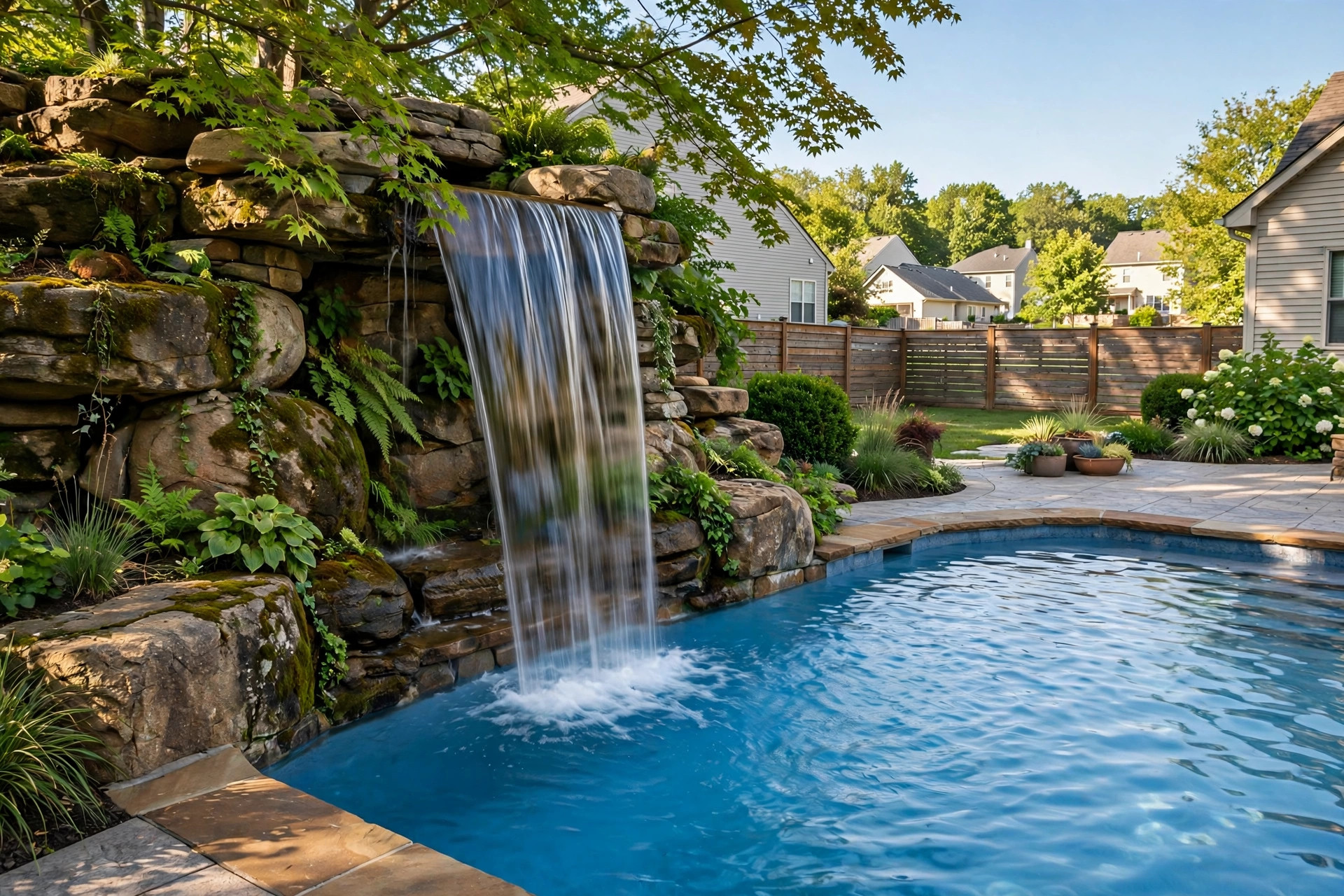 how to install pool waterfall feature: Pool waterfall feature installed on a backyard inground pool
