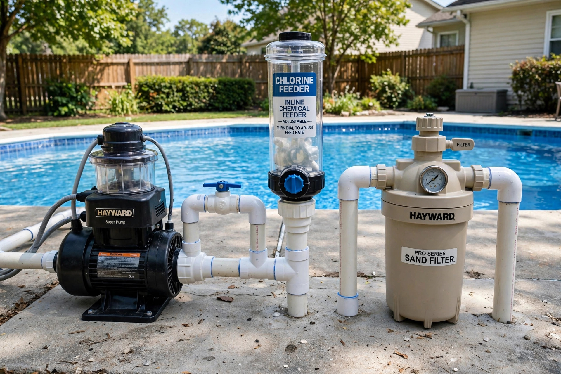 best pool chemical feeder for chlorine: Inline chlorine feeder installed beside a pool pump in a backyard