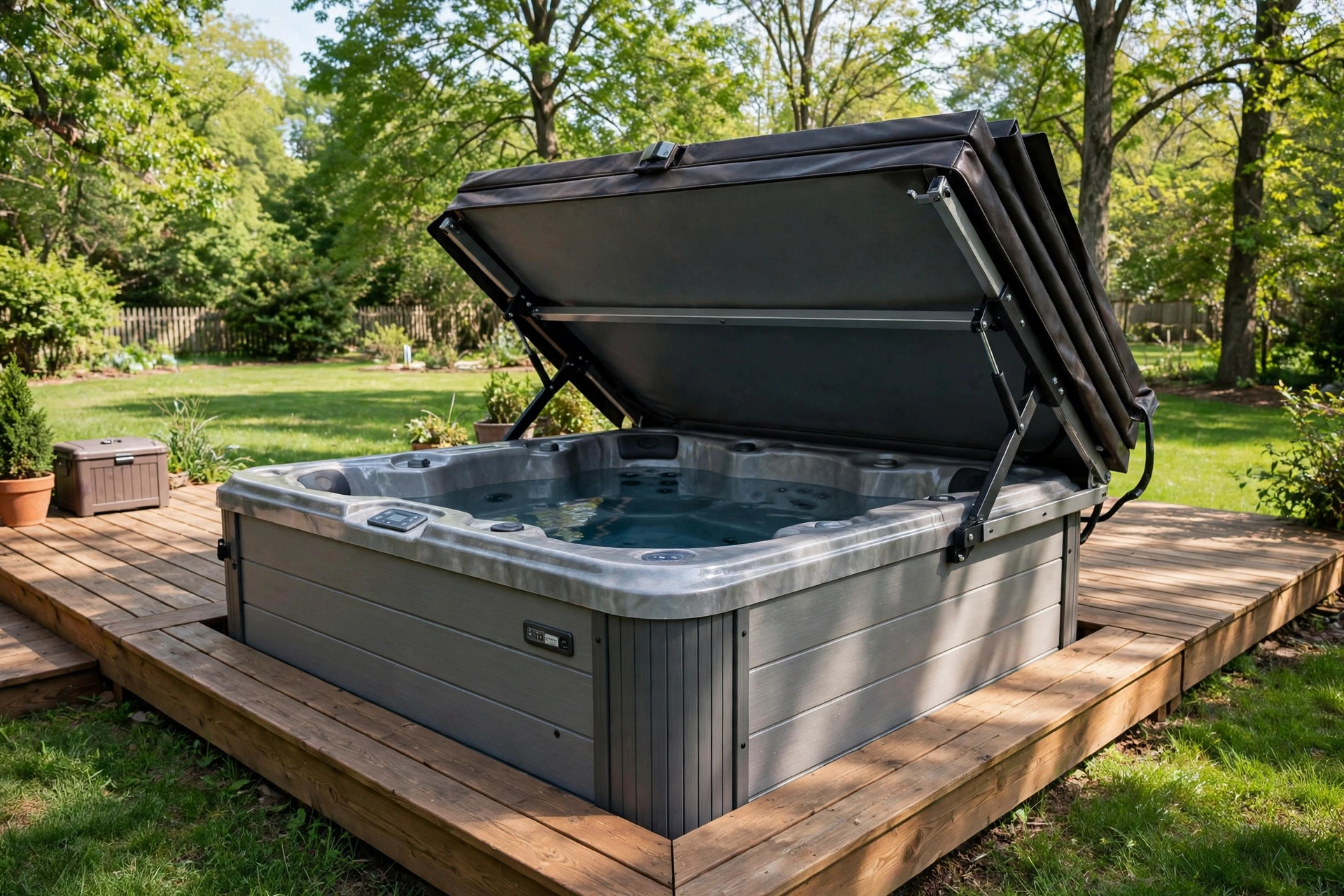hot tub cover lifter installation guide: Hot tub with a newly installed cover lifter in a backyard
