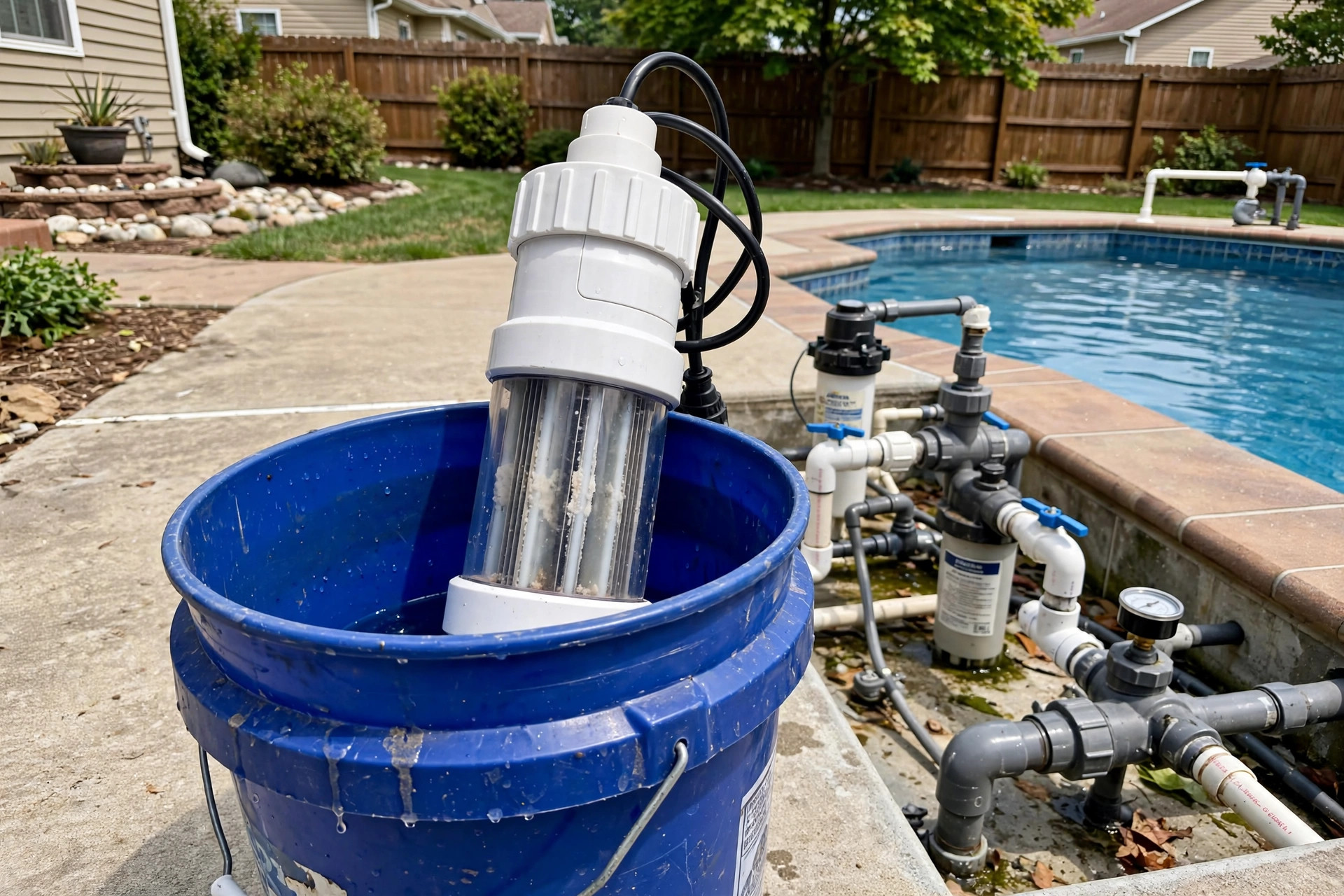 A salt water pool chlorinator cell resting in a plastic bucket for cleaning, showing how to clean salt water pool cell parts at home
