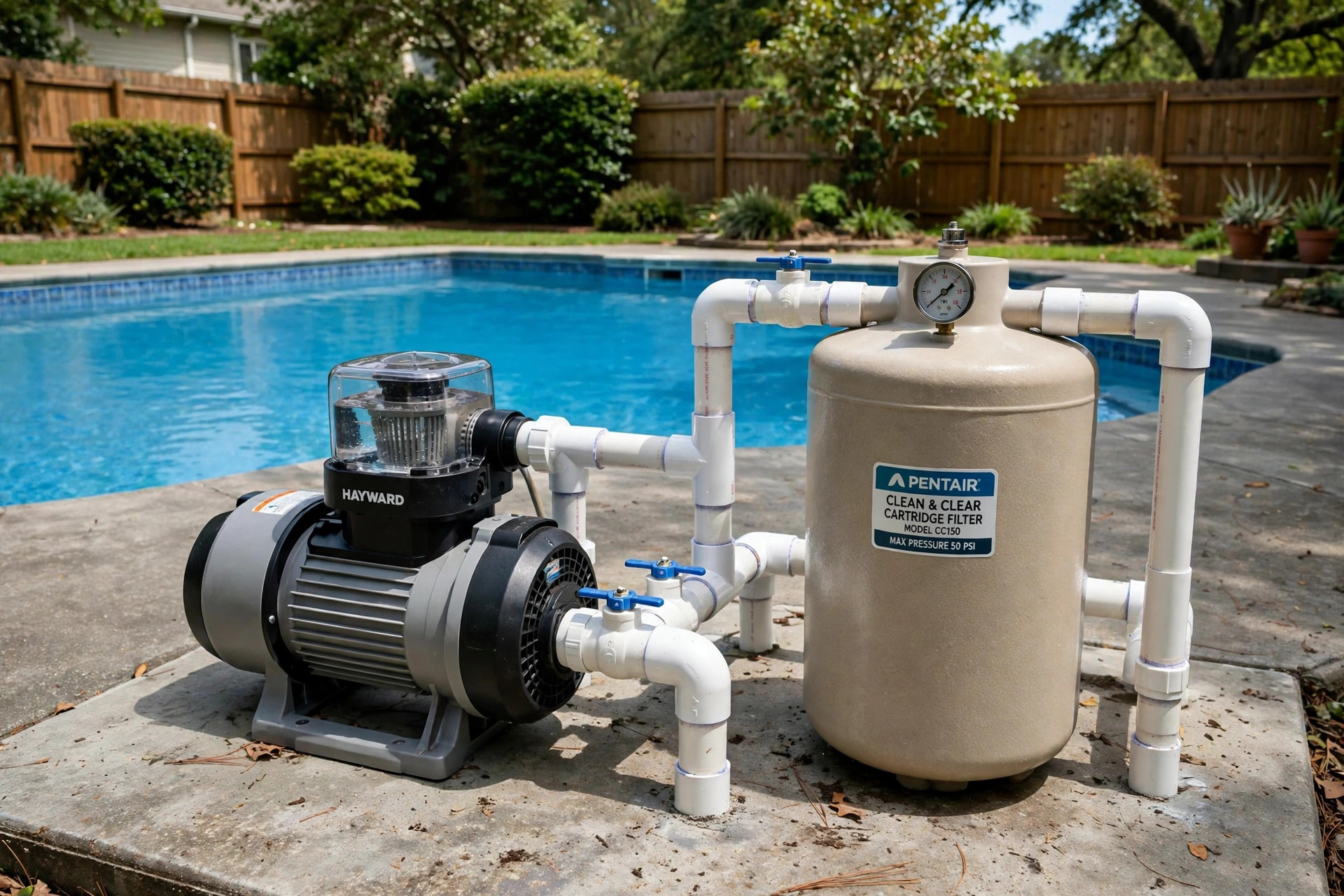 how to fix pool pump making noise: A pool pump and filter system sitting quietly beside an inground pool