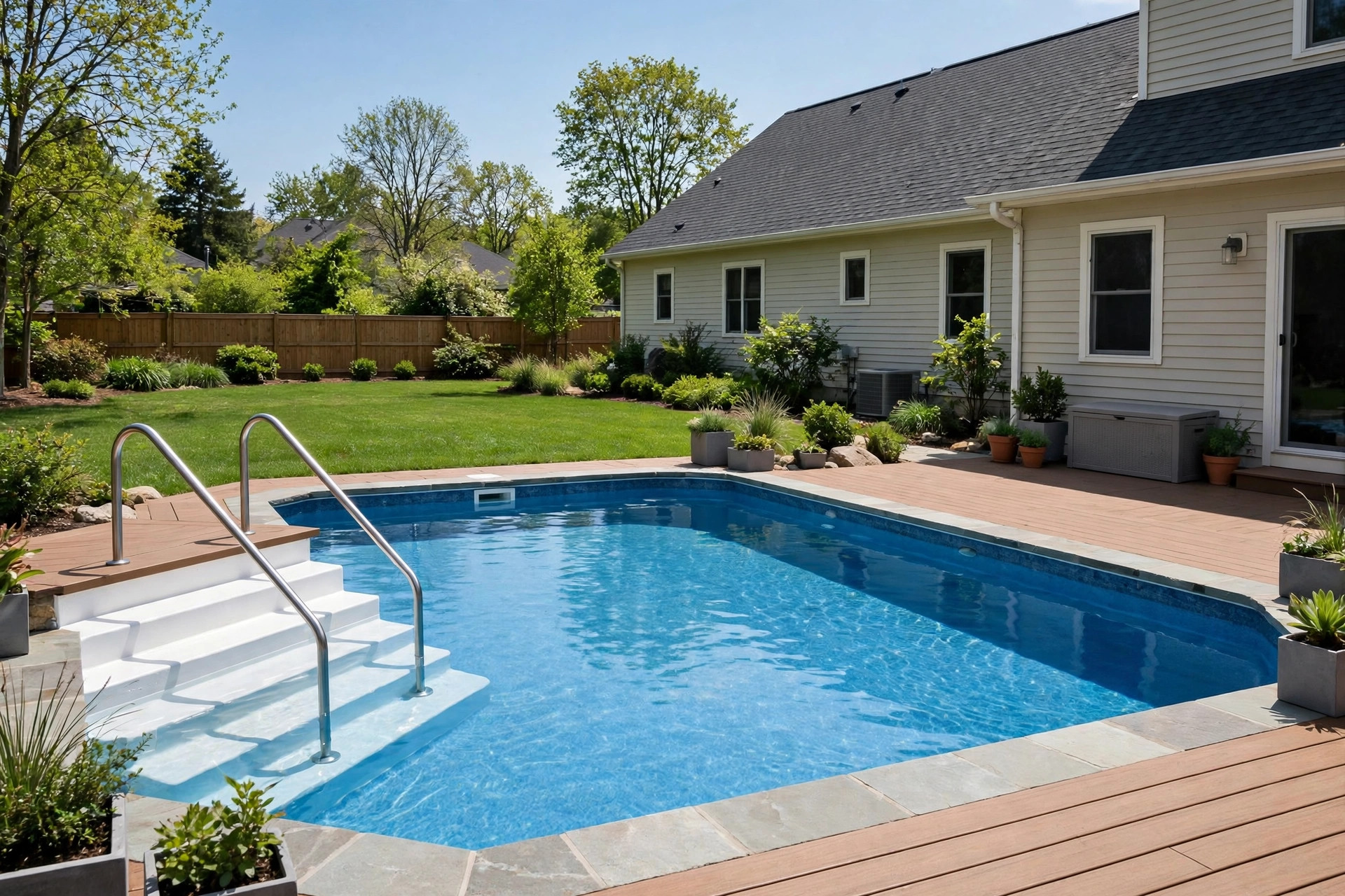 Inground pool steps replacement cost guide showing new entry steps installed in a backyard pool