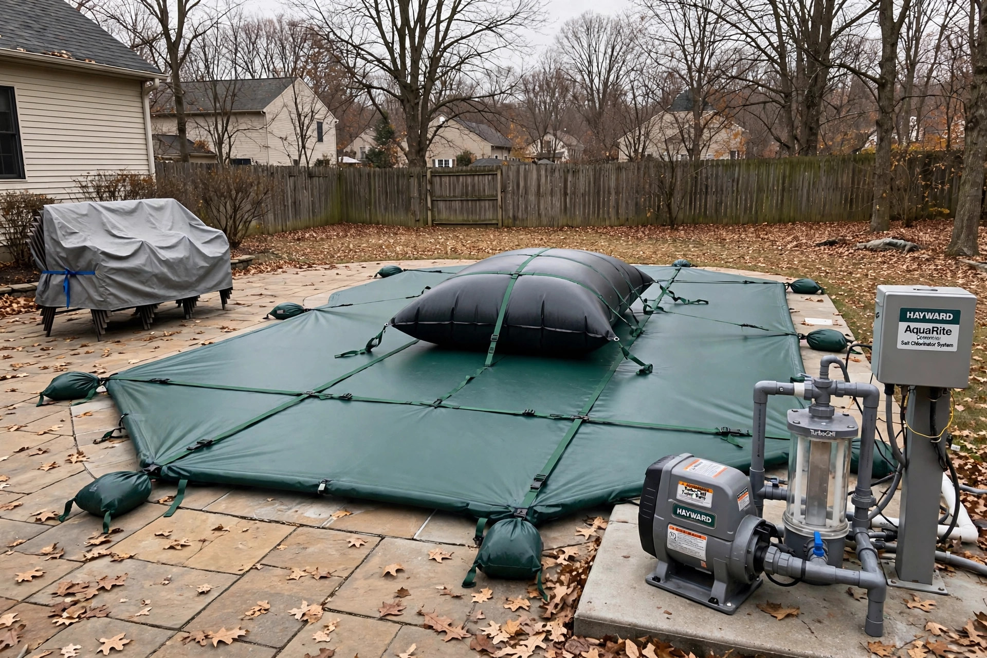 Winter pool cover on an inground salt water pool, part of this salt water pool winterizing guide