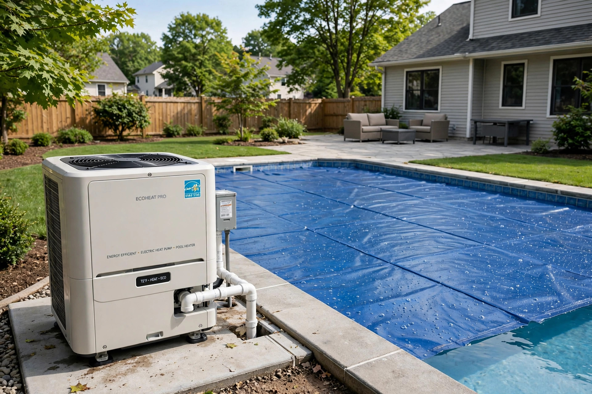 best pool heater energy efficient models: Pool heater beside an in-ground swimming pool with solar cover on the water