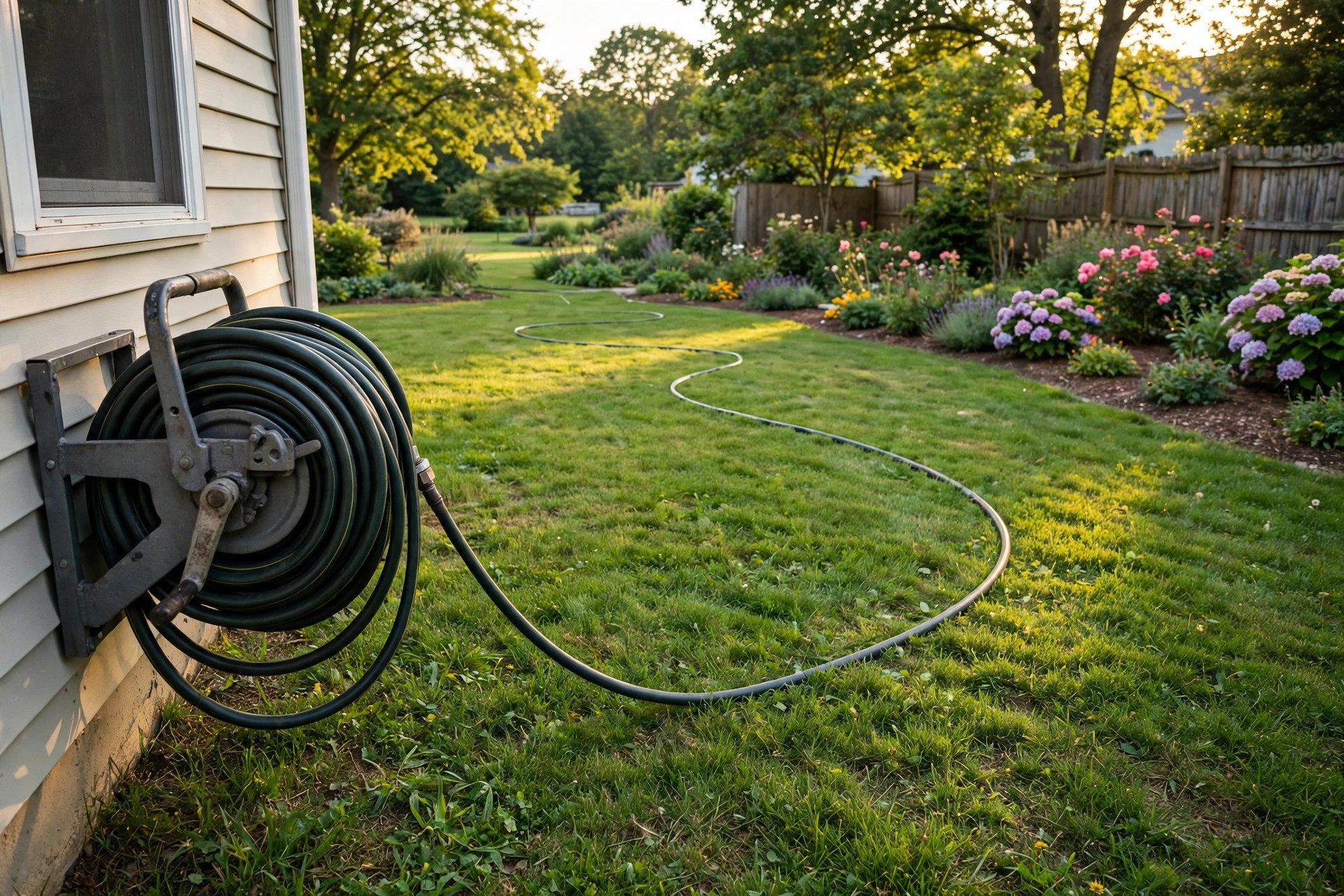 Best garden hose for large yards coiled neatly in a spacious green backyard