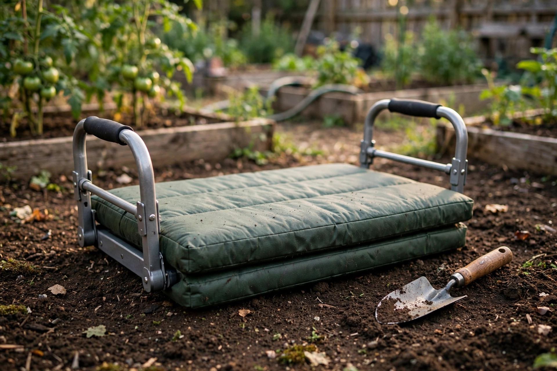 best garden kneeler with handles reviews: Garden kneeler with handles on soil in a home vegetable garden