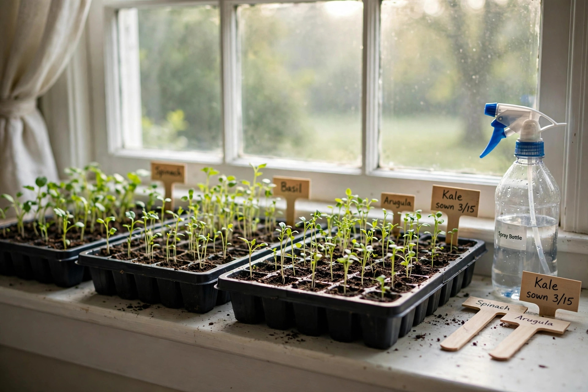 how to start seeds indoors guide: Seed trays with small green seedlings on a bright windowsill