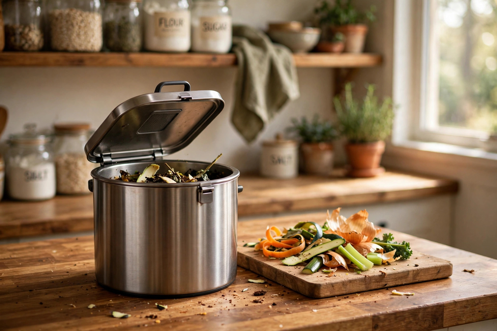 compost bin for kitchen scraps reviews: Compost bin for kitchen scraps on a kitchen counter