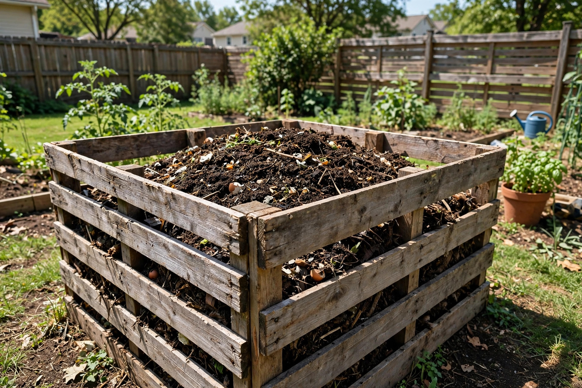 Homemade pallet compost bin in a sunny backyard, how to build compost bin cheap