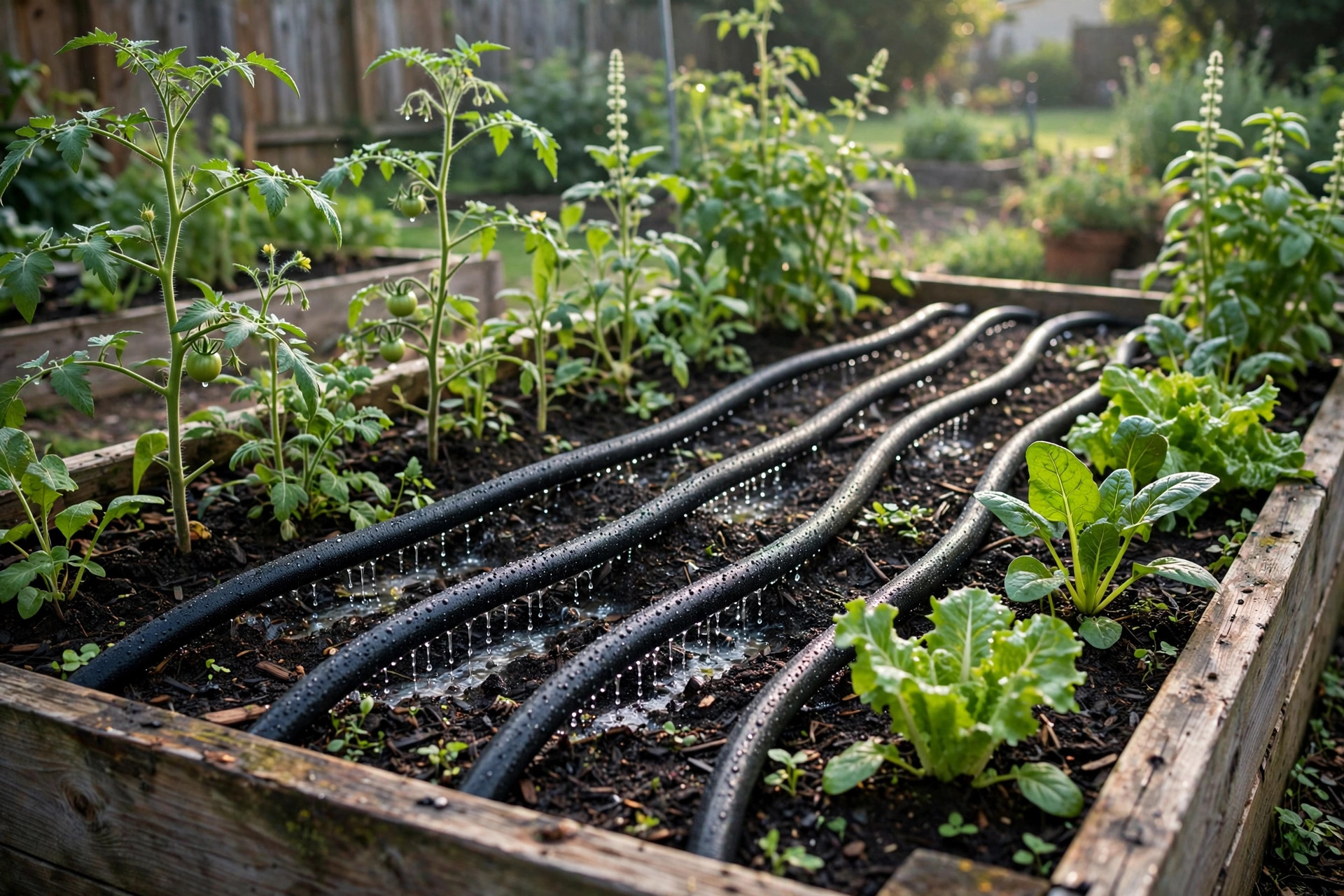 how to use soaker hose effectively: Soaker hose watering a vegetable garden bed effectively