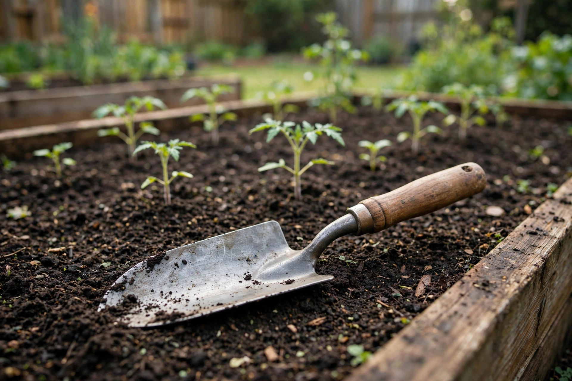 Best garden trowel for planting reviews: steel trowel resting on soil in a home garden bed