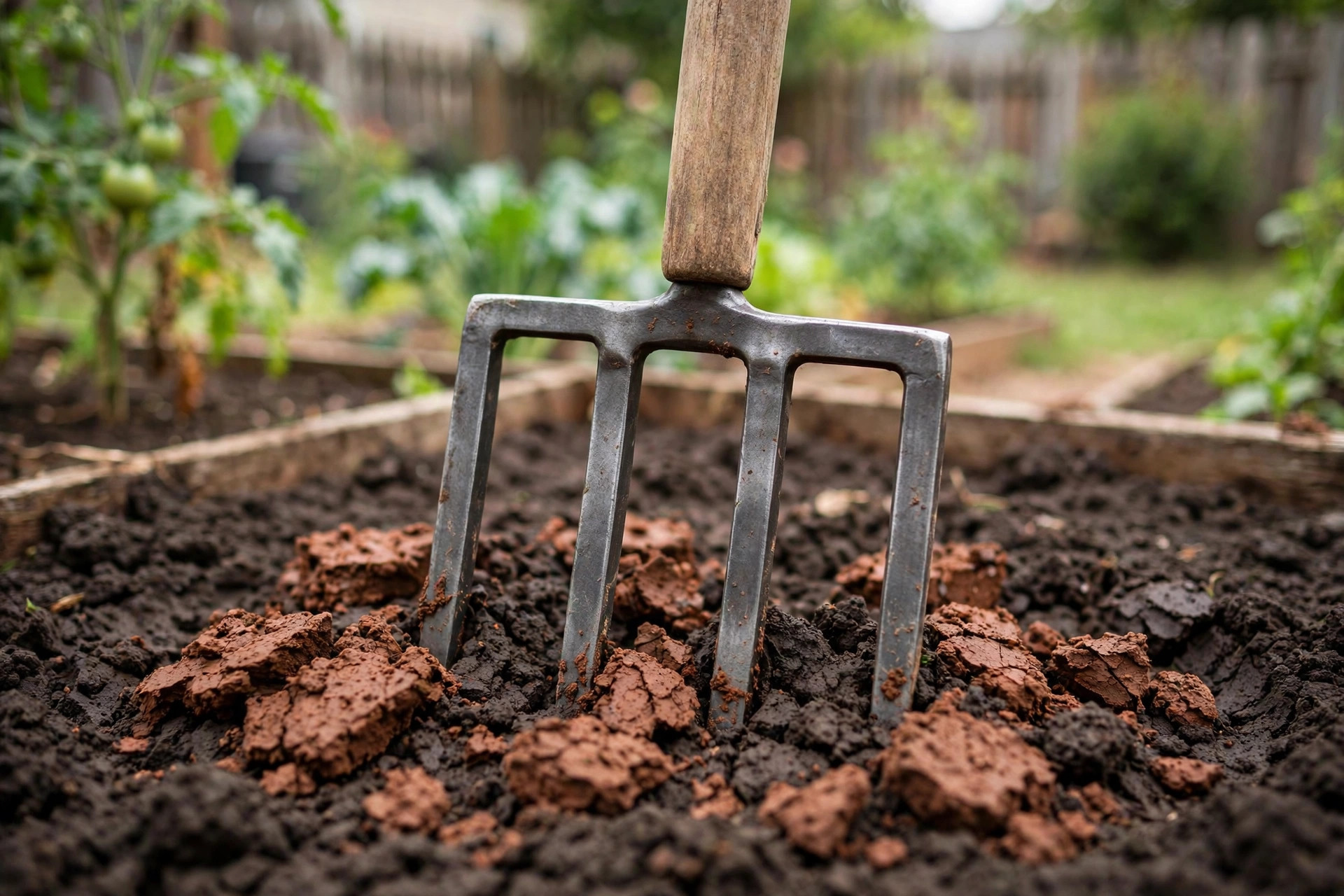 best garden fork for clay soil: A sturdy steel garden fork in heavy clay soil
