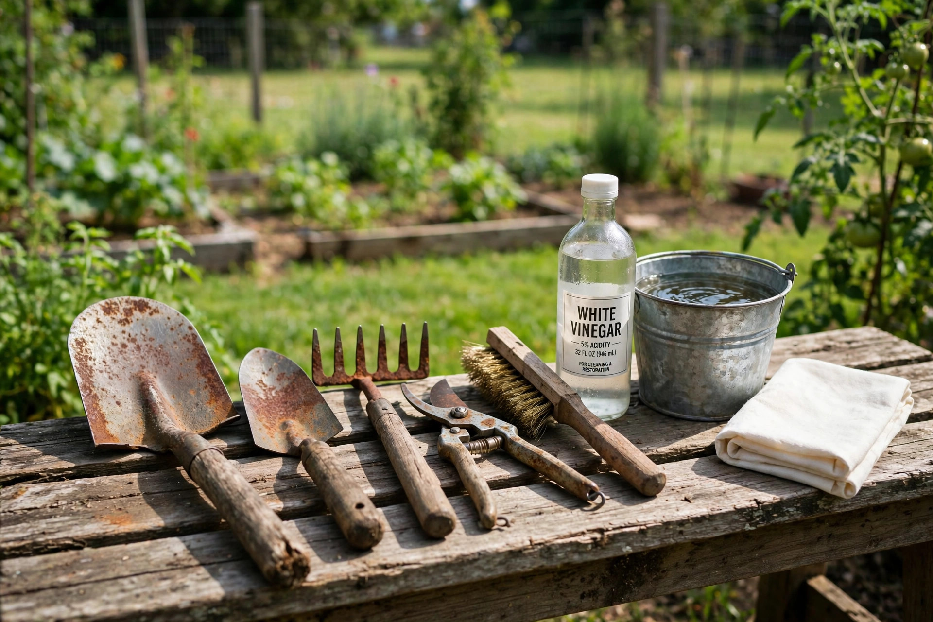 how to clean rusty garden tools: Rusty garden tools and cleaning supplies on a wooden bench
