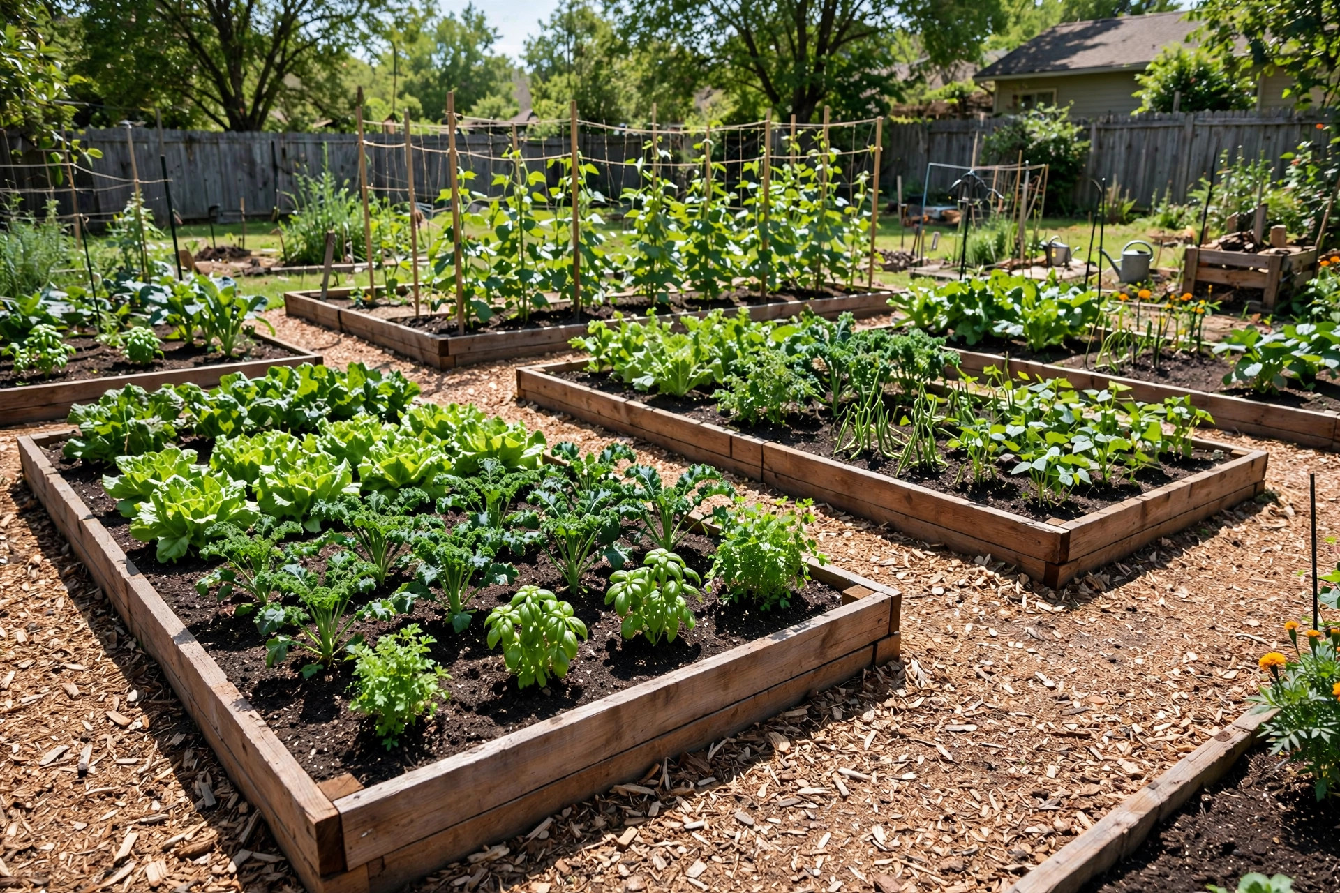 garden edging ideas for vegetable beds: Neat raised vegetable beds with wood edging and mulch paths