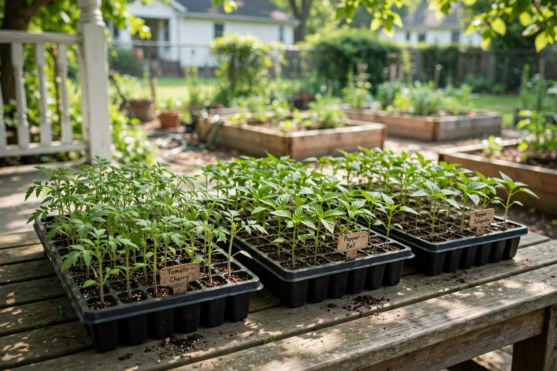 how to harden off seedlings before planting: Seedling trays on a shaded porch being hardened off before planting