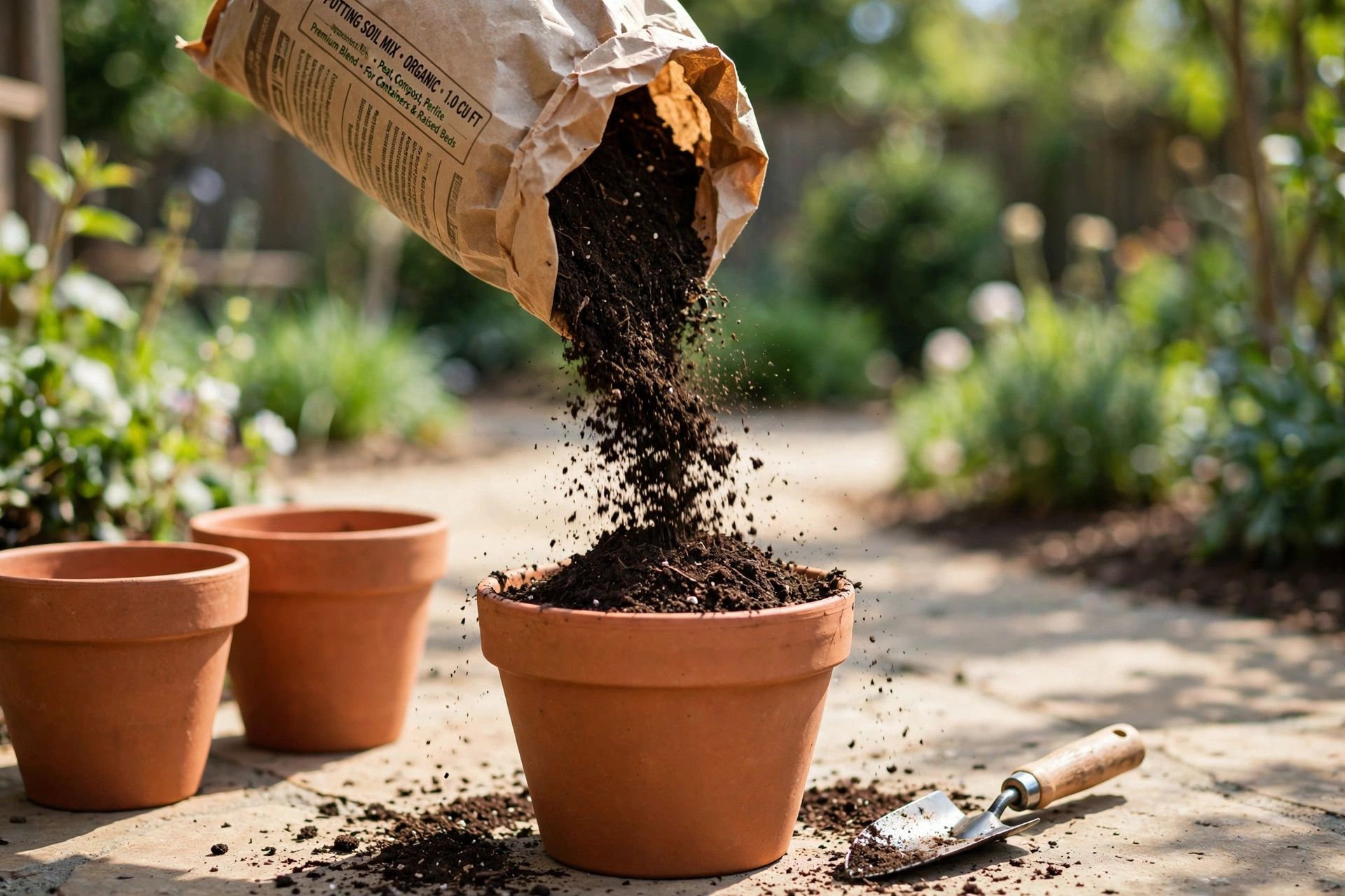 best potting soil for container gardens: Dark potting mix being poured from a bag into a terracotta pot on a patio