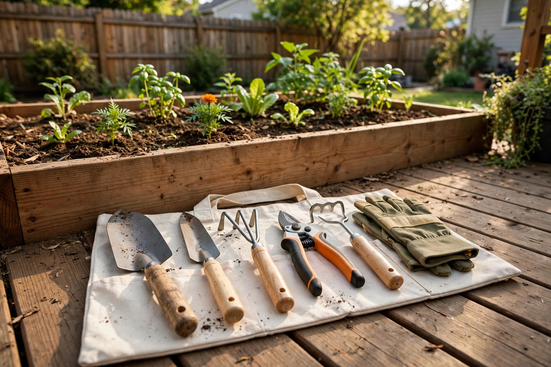 garden tool set for beginners reviews: Garden tool set for beginners arranged beside a raised bed