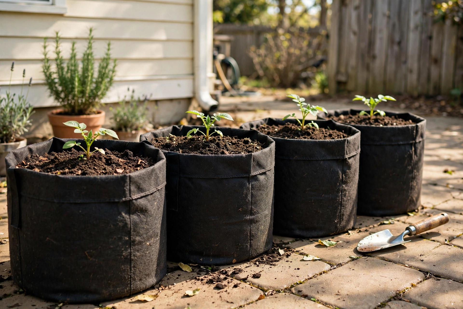best grow bags for potatoes reviews - fabric potato grow bags filled with soil on a sunny patio
