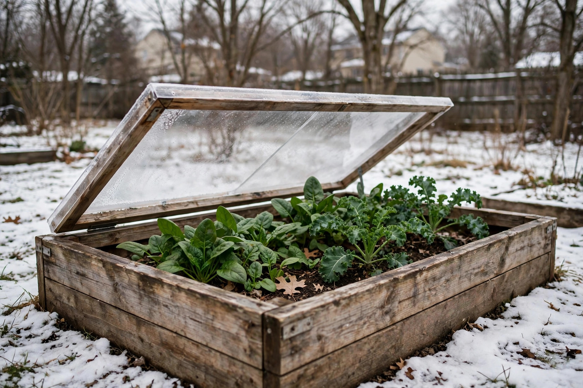 cold frame for winter gardening reviews: A cold frame in a snowy American backyard garden
