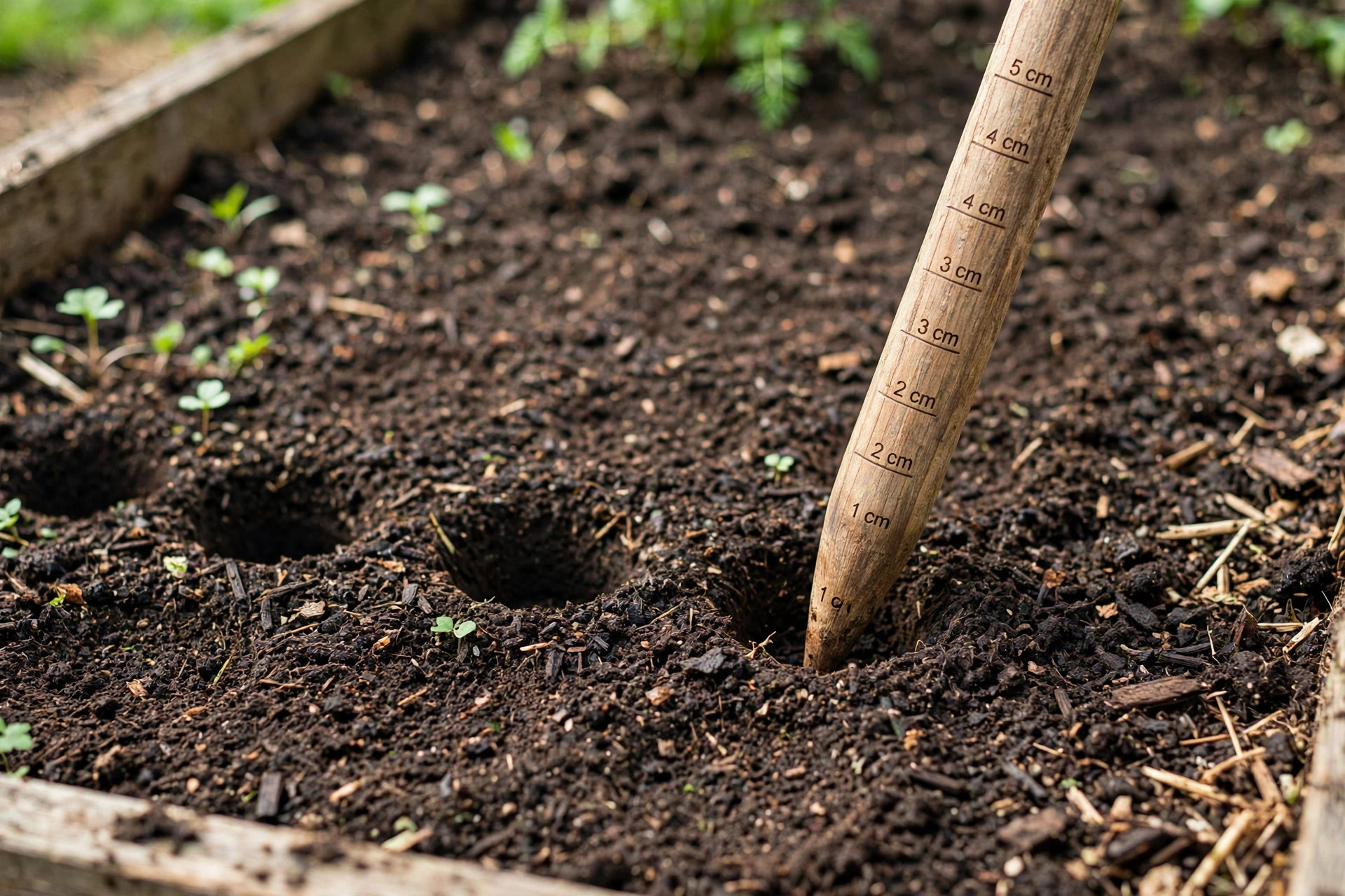 best garden dibber for seed planting: A wooden garden dibber making even seed holes in dark garden soil