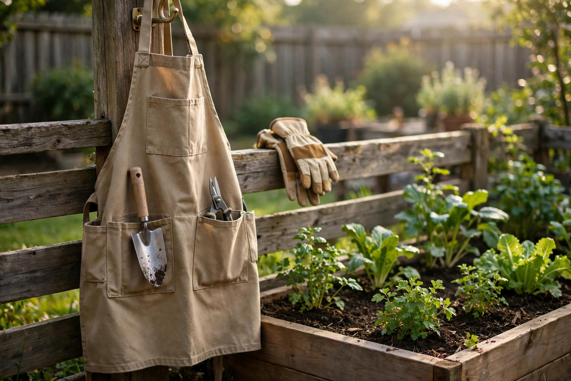 Best garden apron with pockets reviews – canvas apron hanging near a garden bed