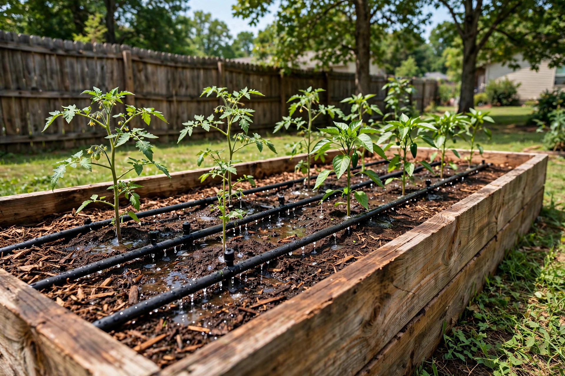 drip irrigation kit for raised beds: Drip irrigation kit watering a raised bed garden