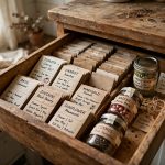 Sealed glass jars and paper seed packets in a wooden drawer, showing how to store garden seeds long term
