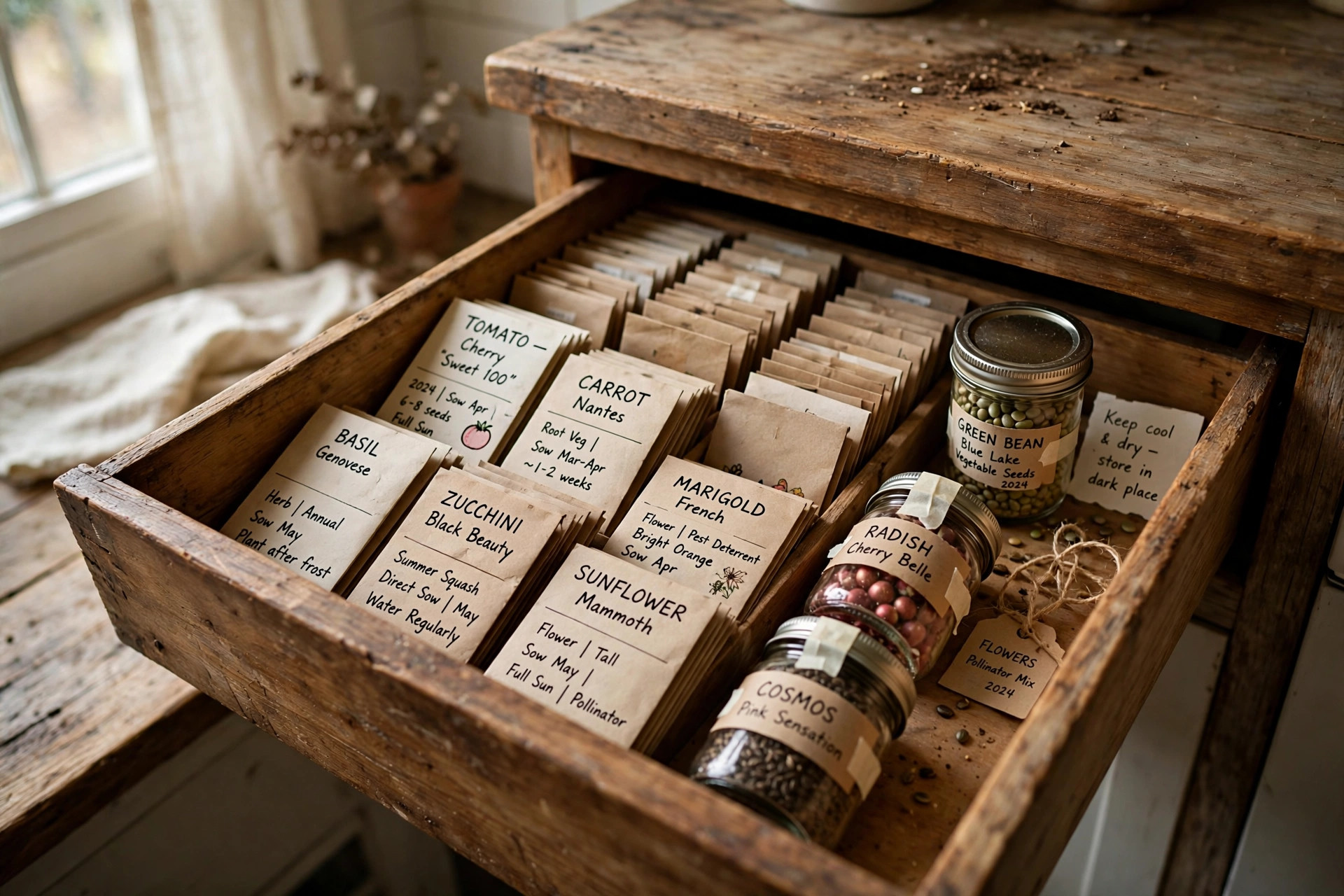 Sealed glass jars and paper seed packets in a wooden drawer, showing how to store garden seeds long term