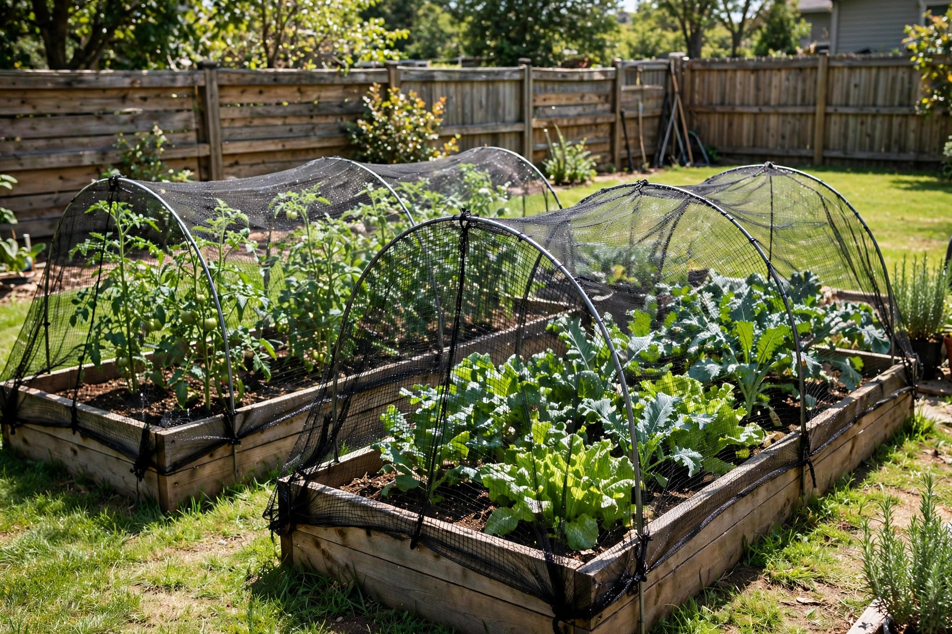 garden netting for pest control reviews: Garden netting draped over raised vegetable beds for pest control