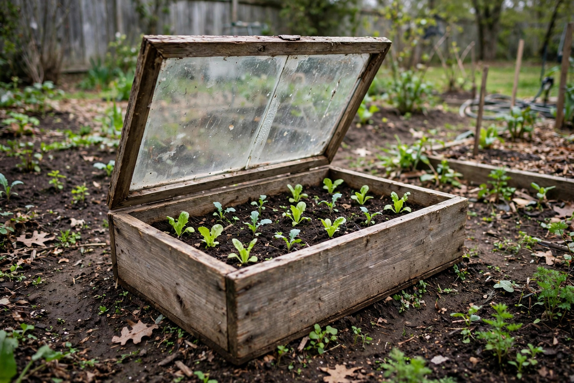 how to build cold frame cheap: A homemade wooden cold frame with a glass window lid in a backyard garden