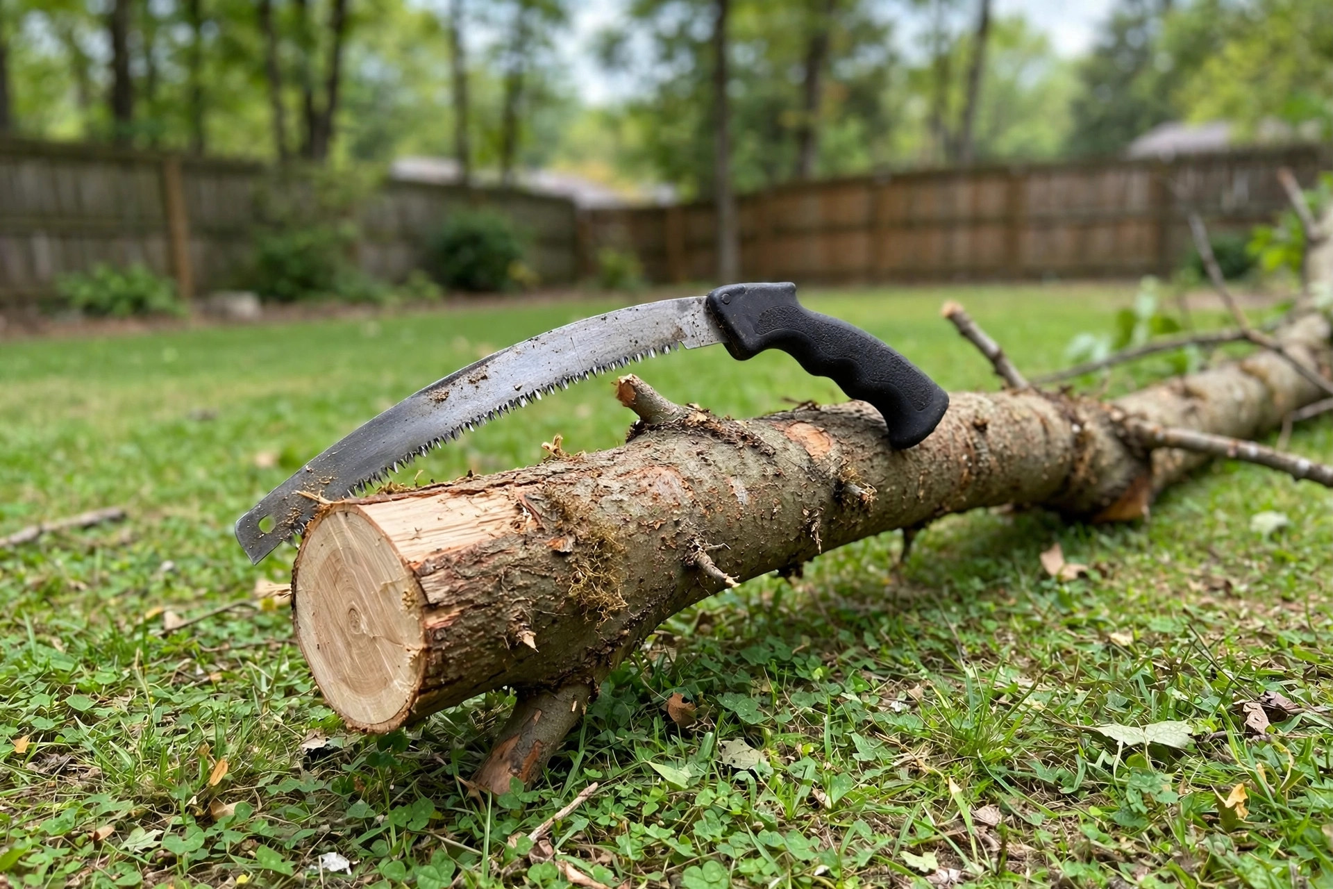 best pruning saw for thick branches: A curved pruning saw blade resting on a freshly cut thick tree branch in a backyard
