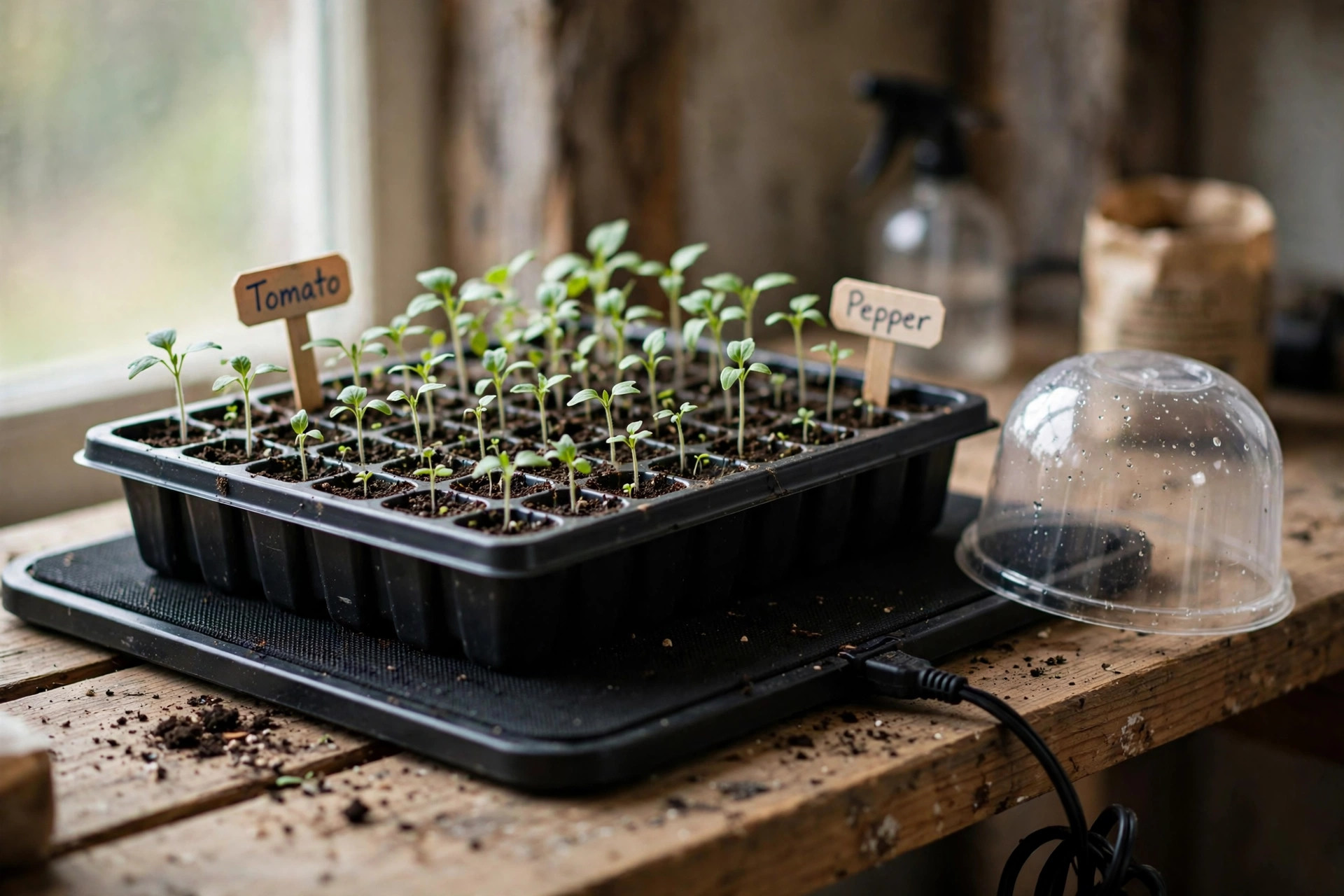 Seedling heat mat for germination reviews: trays of young seedlings on a heat mat in a bright indoor growing area