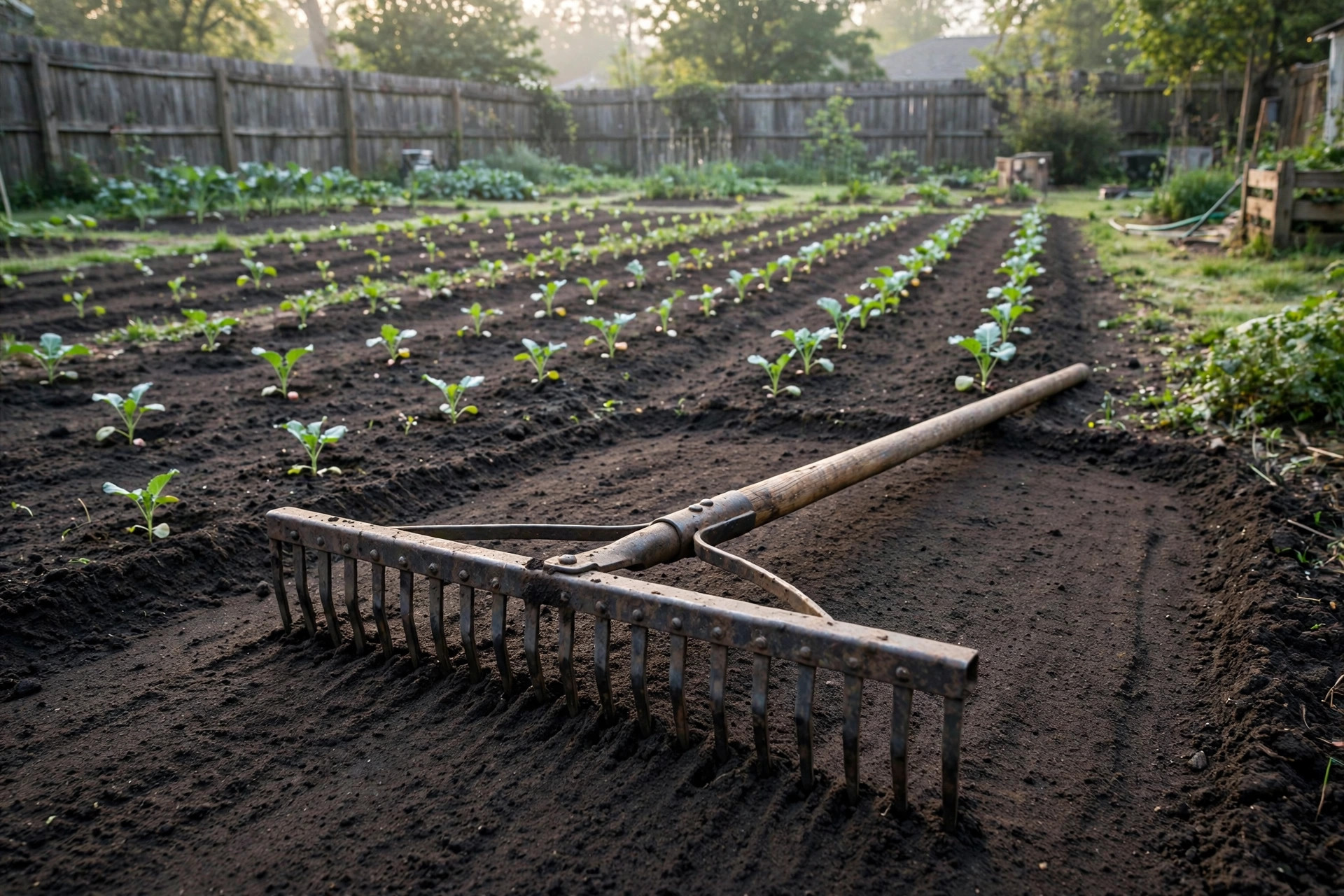 best garden rake for leveling soil: A garden rake for leveling soil resting on freshly tilled earth