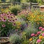 how to attract pollinators to garden: Garden beds planted to attract pollinators with colorful flowers
