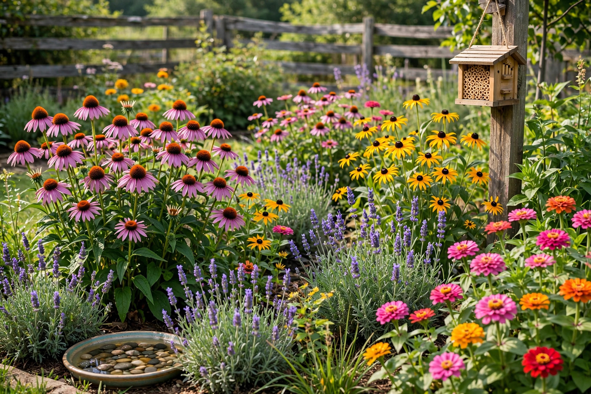 how to attract pollinators to garden: Garden beds planted to attract pollinators with colorful flowers
