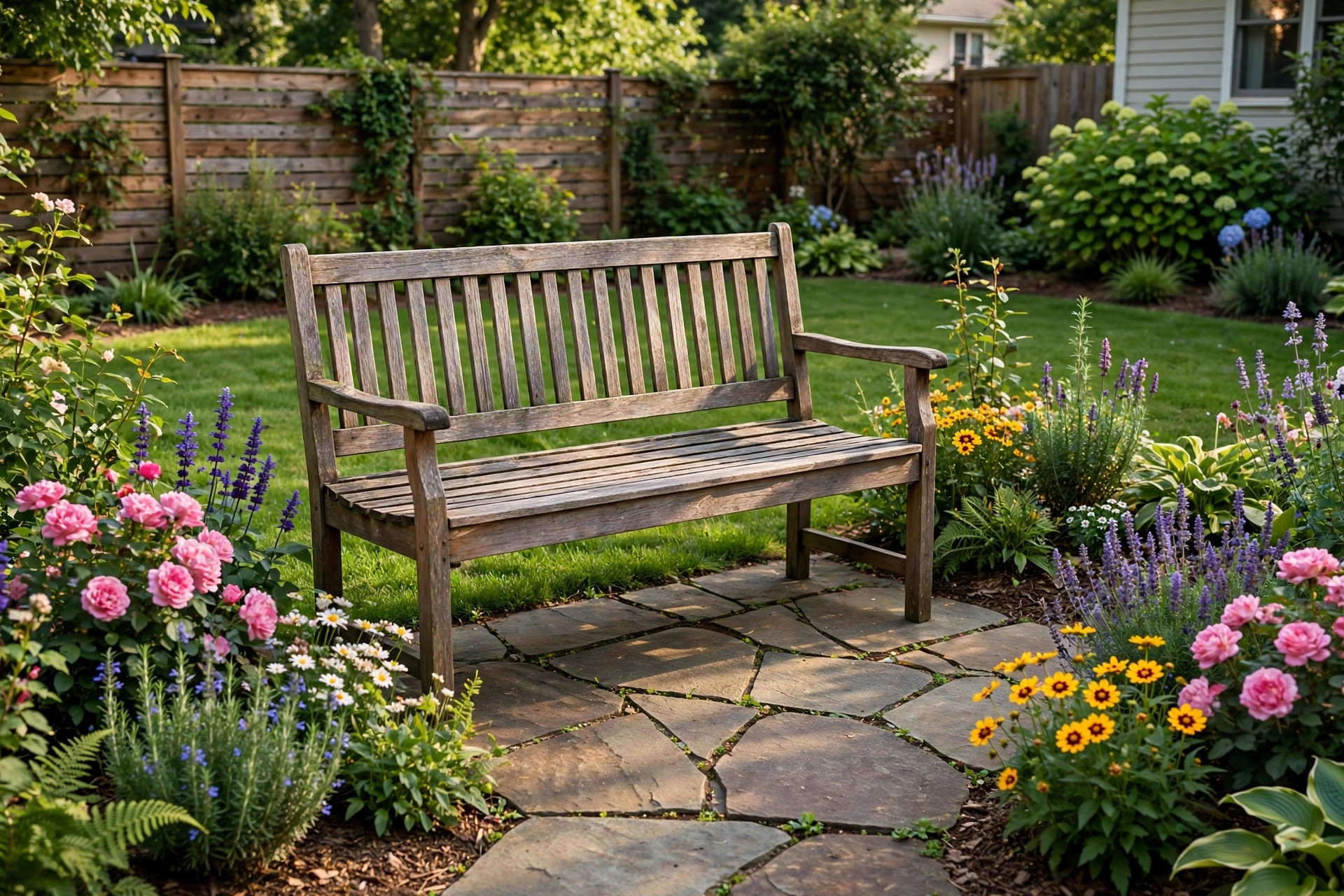 best garden bench for backyard reviews: Wooden garden bench in a backyard garden