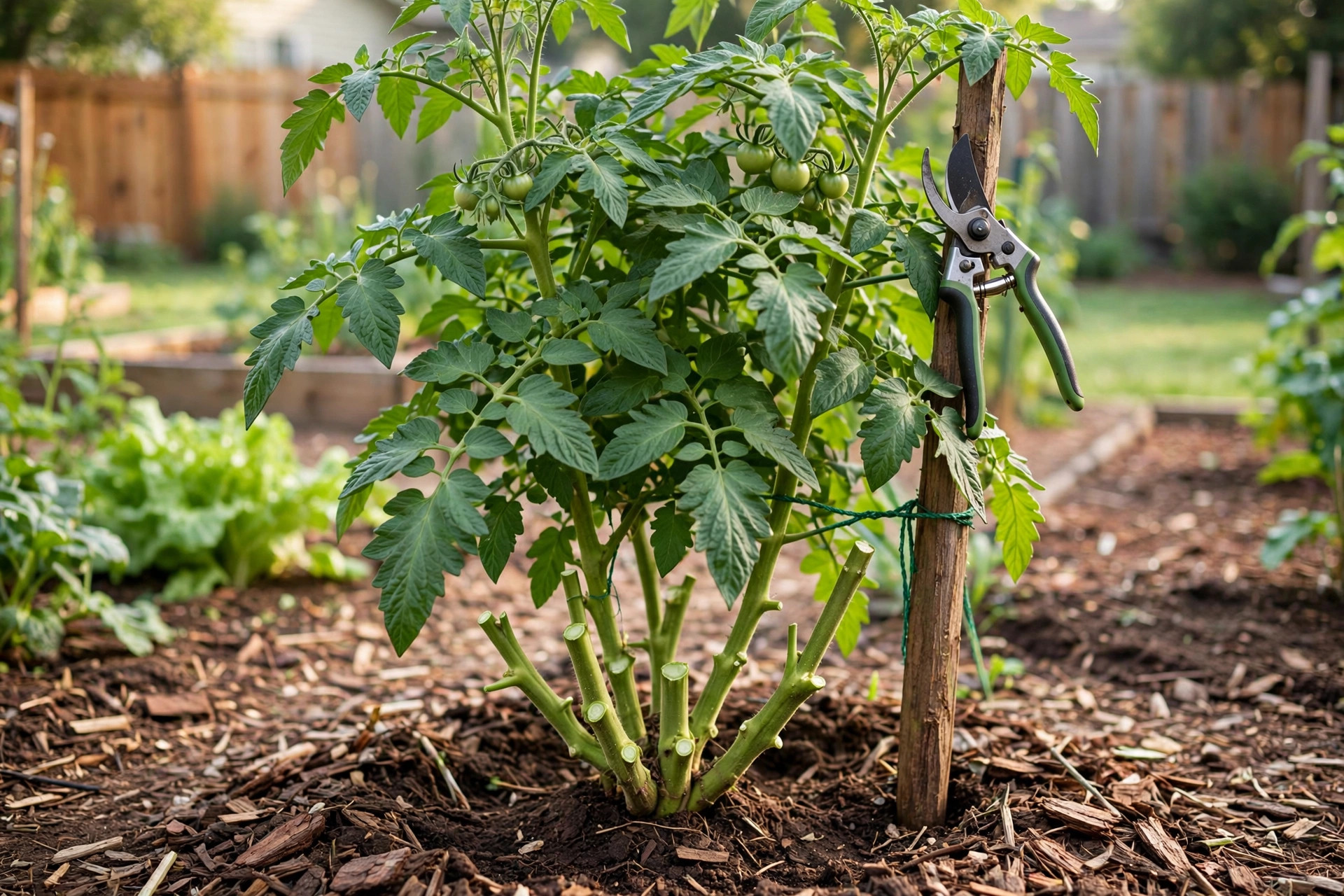 how to prune tomato plants properly: A gardener's hand pruning a healthy tomato plant with shears in a backyard vegetable garden