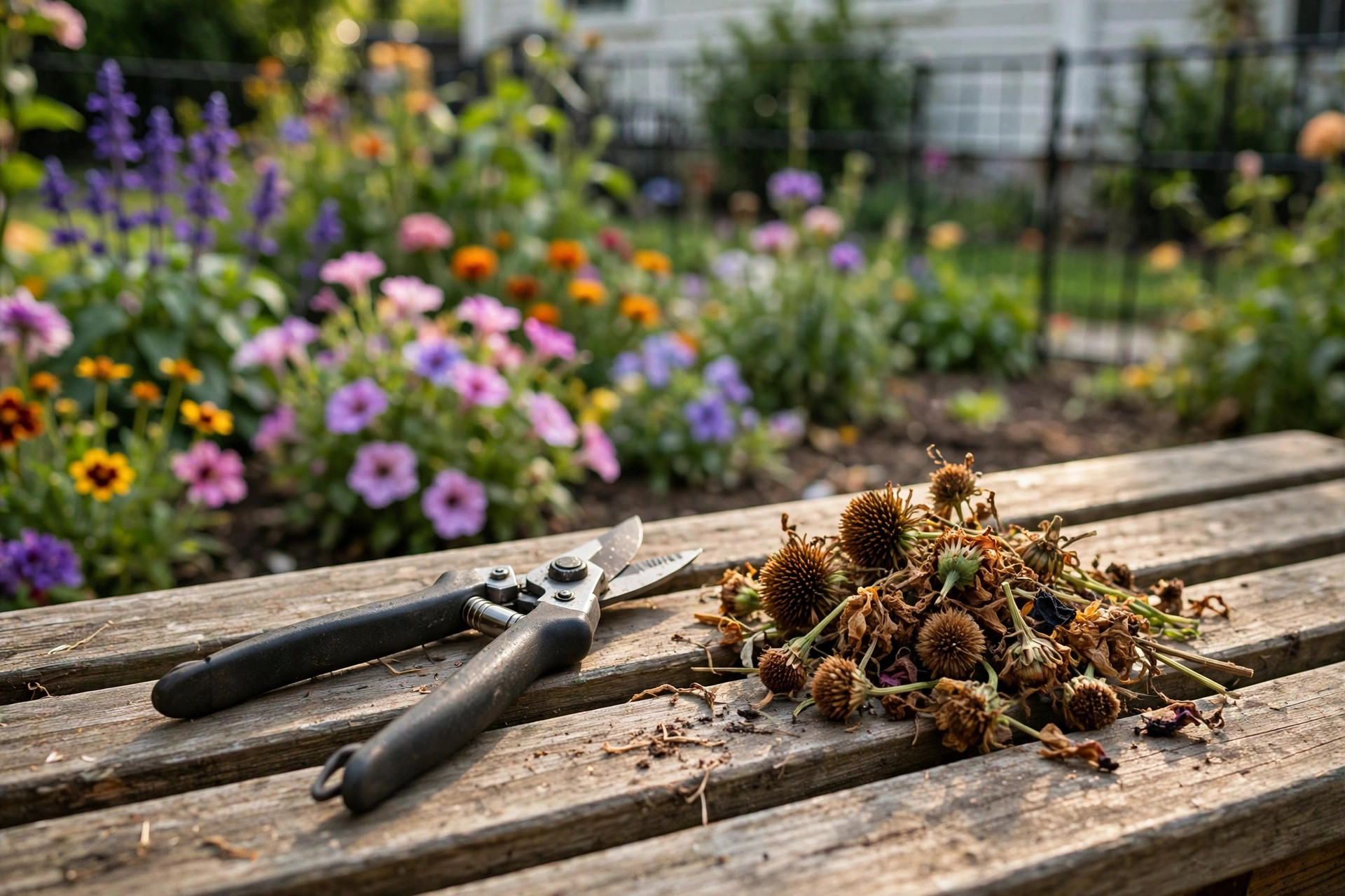 Best garden snips for deadheading flowers resting beside a cut flower pile