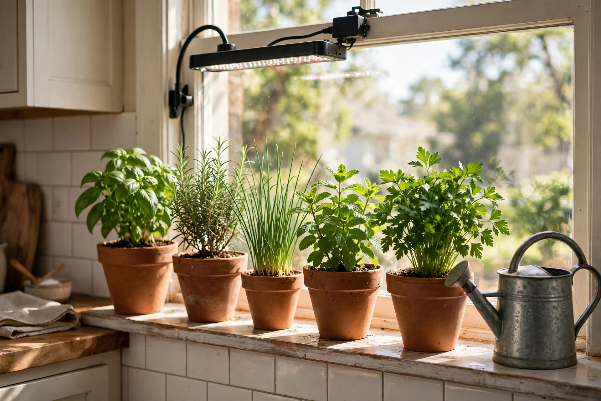 Indoor herb garden with pots of fresh herbs by a bright window - how to grow herbs indoors year round